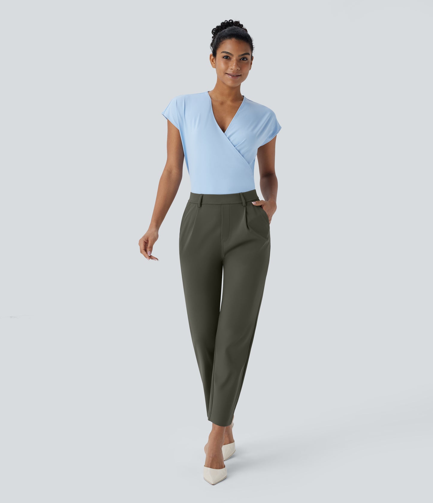 High Waisted Pocket Ankle Length Tapered Work Pants