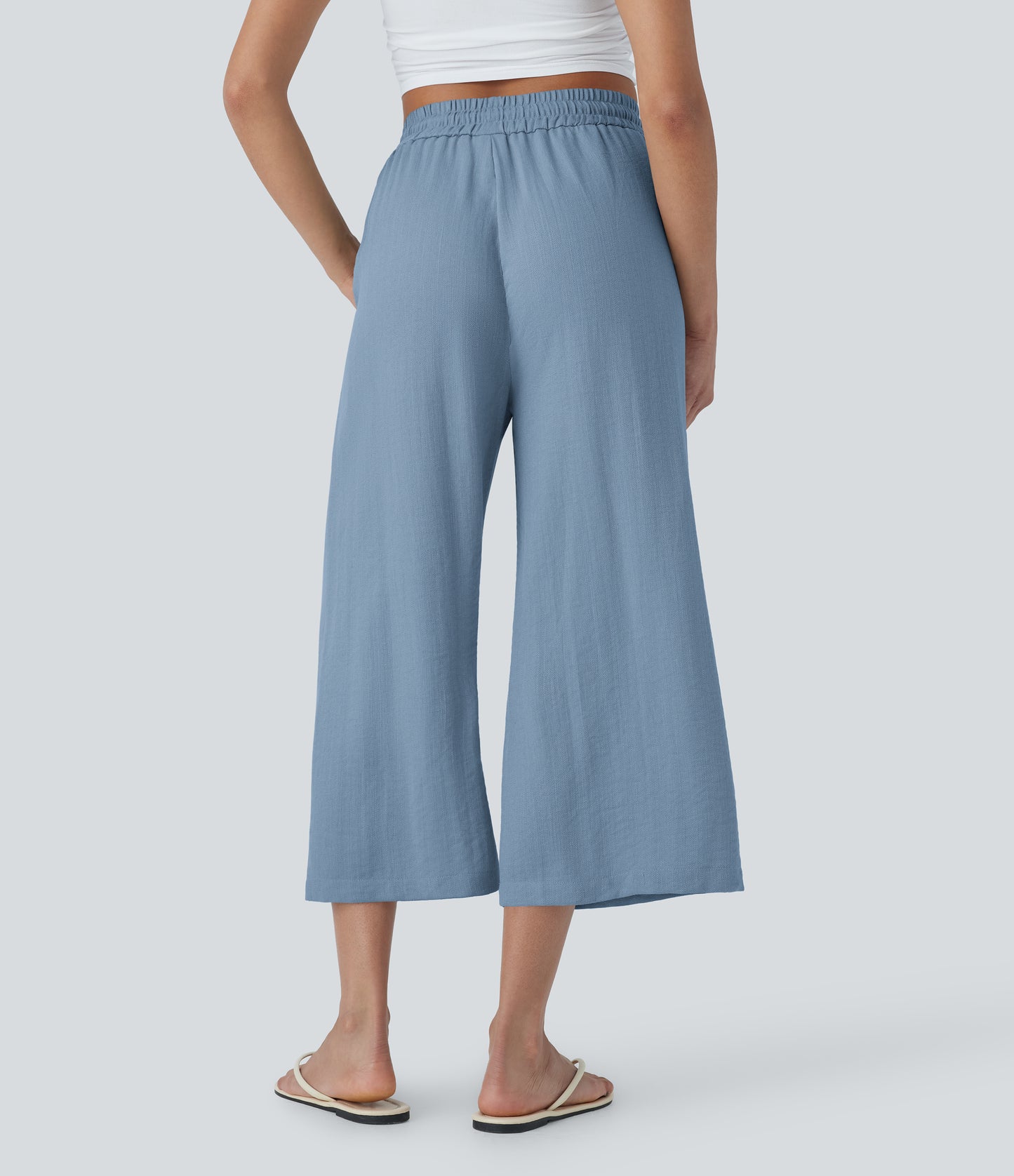 High Waisted Drawstring Wide Leg Cropped Casual Linen-Feel Pants with Pockets