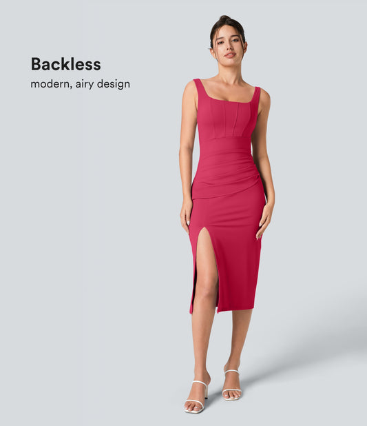 Square Neck Backless Corset Ruched Split Bodycon Midi Cool Touch Bridesmaid and Wedding Guest Dress