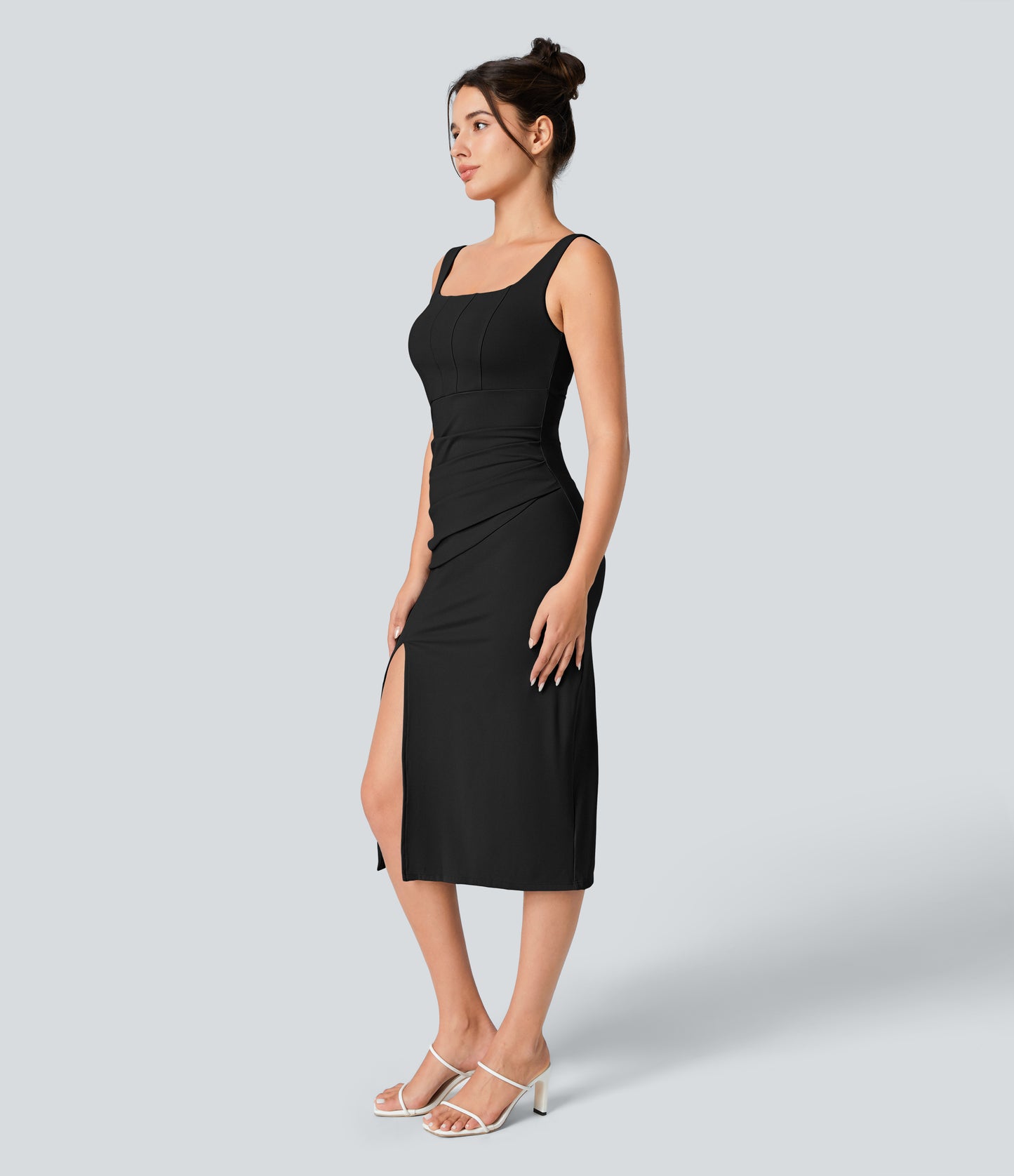 Square Neck Backless Corset Ruched Split Bodycon Midi Cool Touch Bridesmaid and Wedding Guest Dress