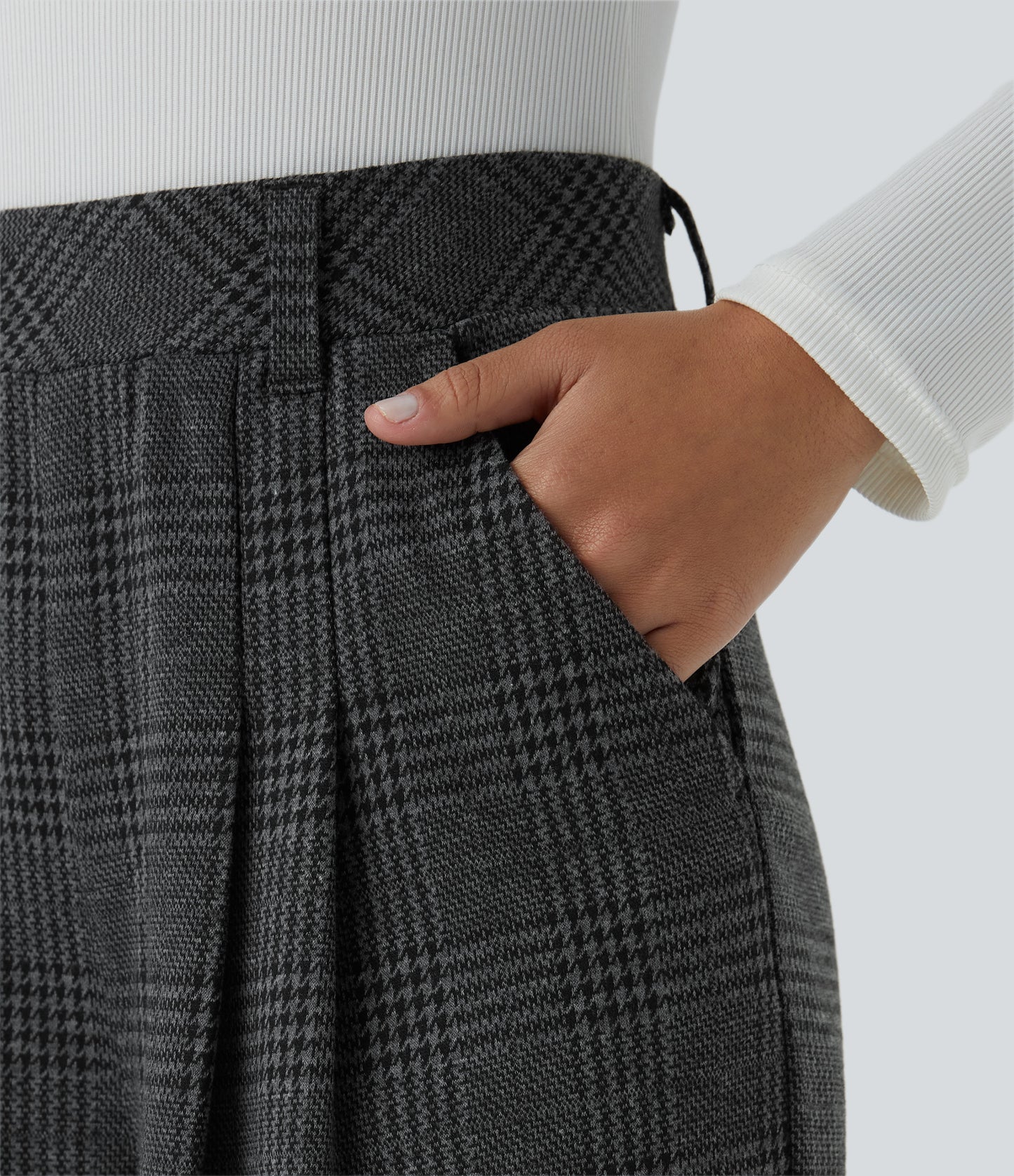 High Waisted Pocket Wide Leg Houndstooth Plaid Casual Pants