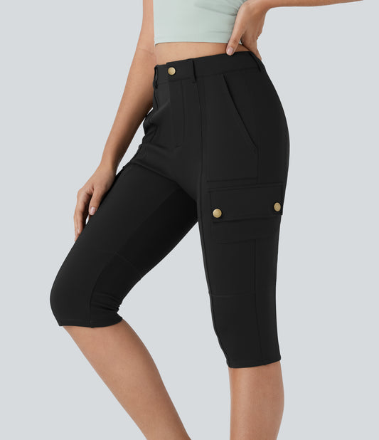 High Waisted Zipper Pockets Solid Skinny Pedal Pusher Casual Cargo Pants