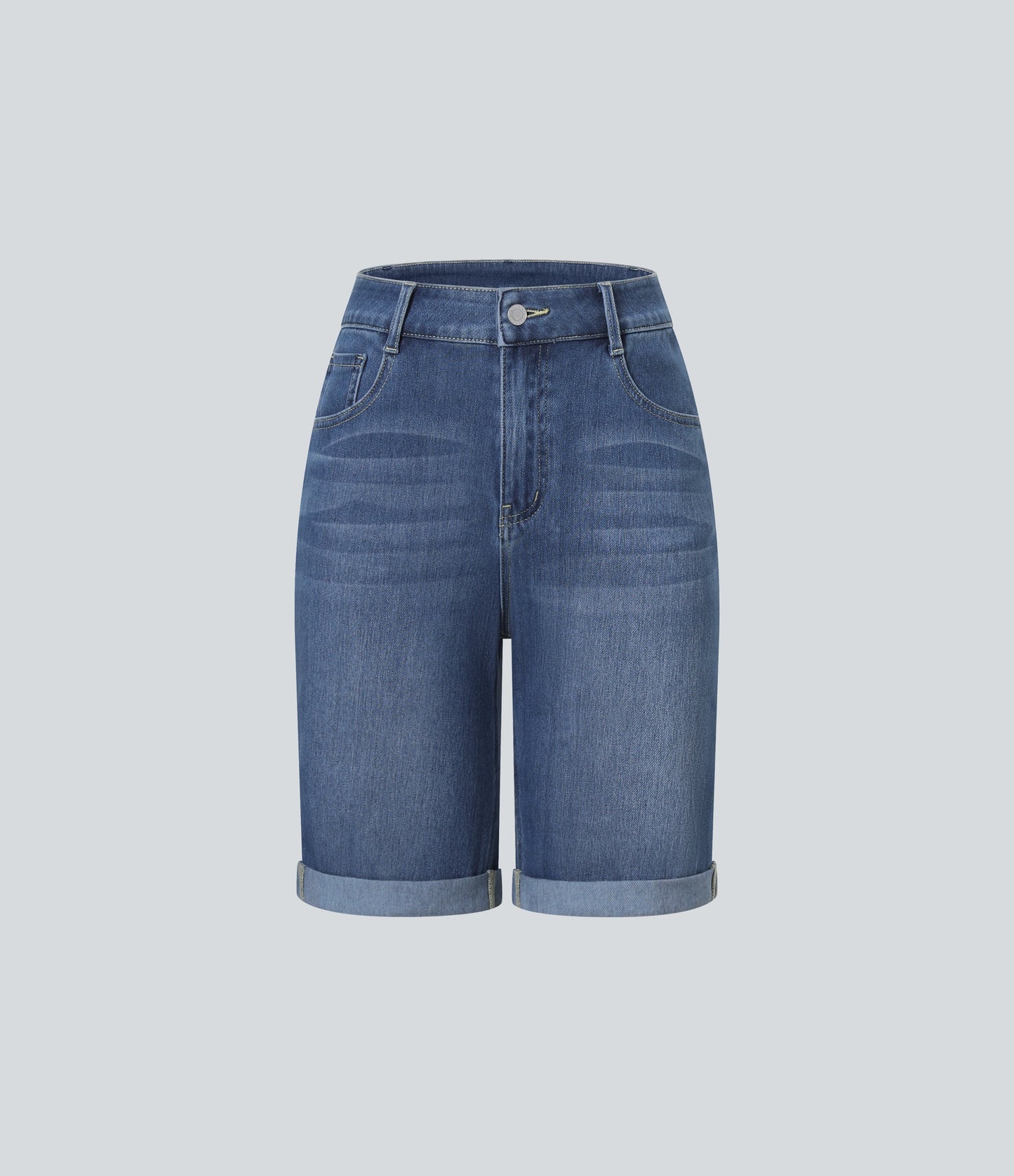 High Waisted Pockets Rolled Hem Washed Denim Casual Bermuda Shorts