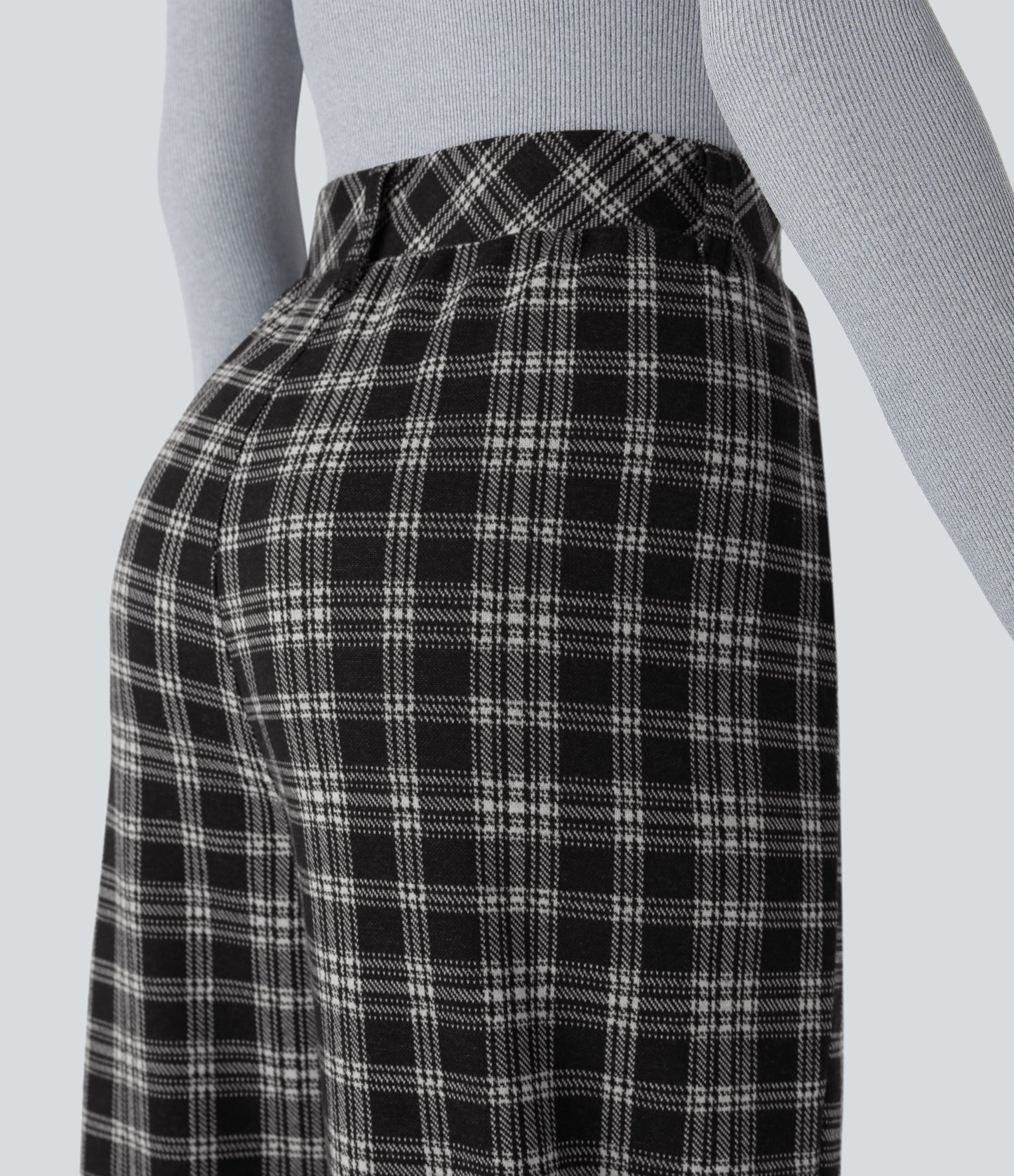 High Waisted Pocket Wide Leg Houndstooth Plaid Casual Pants