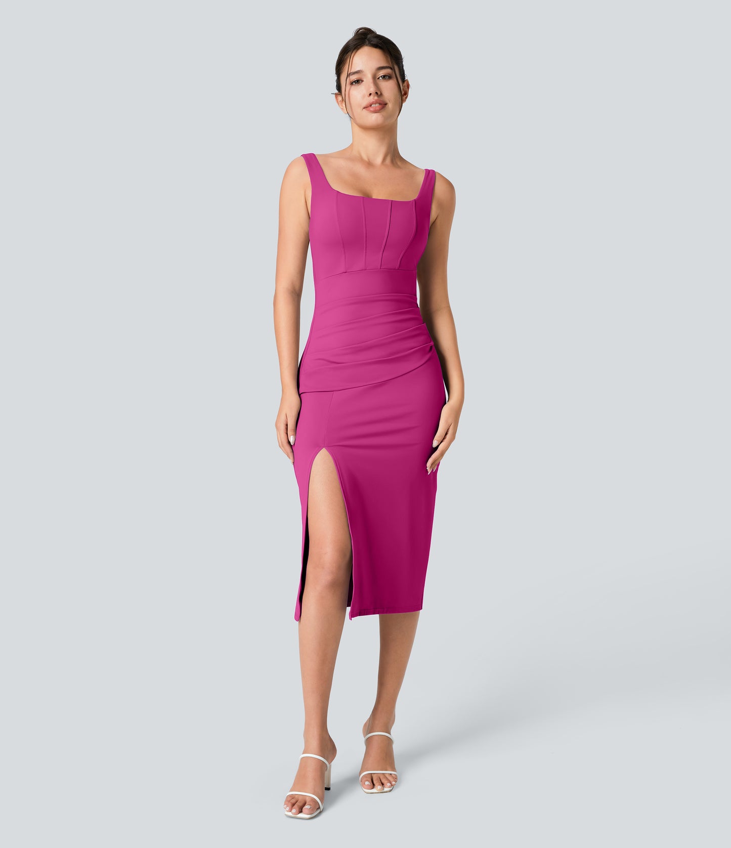 Square Neck Backless Corset Ruched Split Bodycon Midi Cool Touch Bridesmaid and Wedding Guest Dress