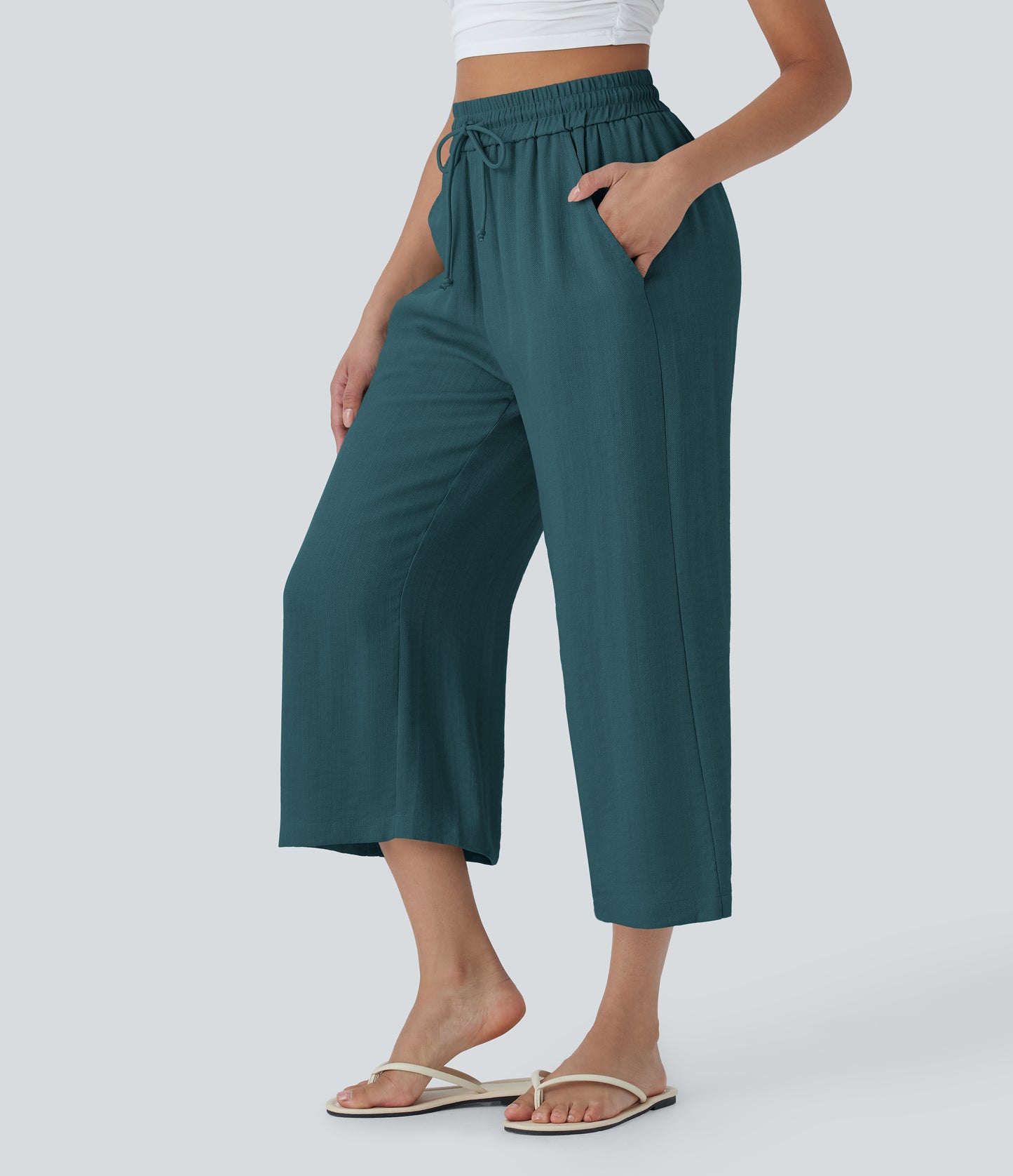 High Waisted Drawstring Wide Leg Cropped Casual Linen-Feel Pants with Pockets