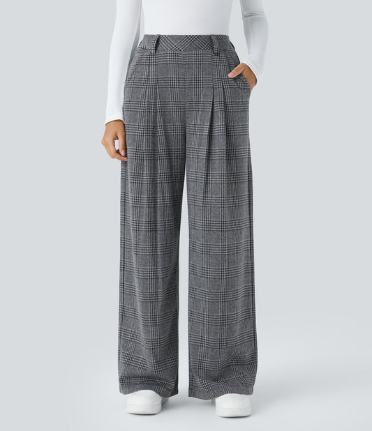 High Waisted Pocket Wide Leg Houndstooth Plaid Casual Pants