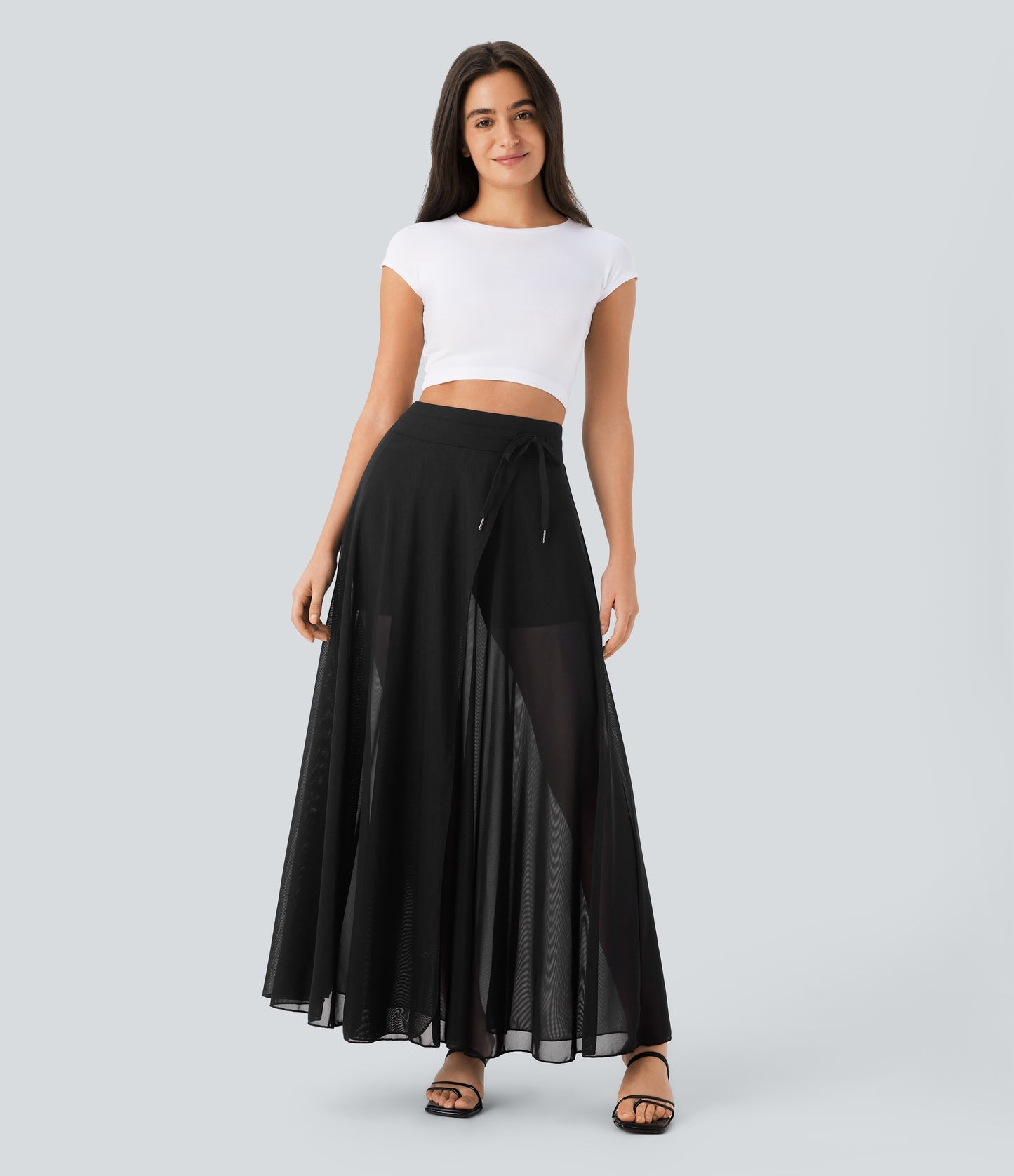 High Waisted Drawstring Contrast Mesh 2-in-1 Pocket Flowy Maxi Flare Casual Skirt