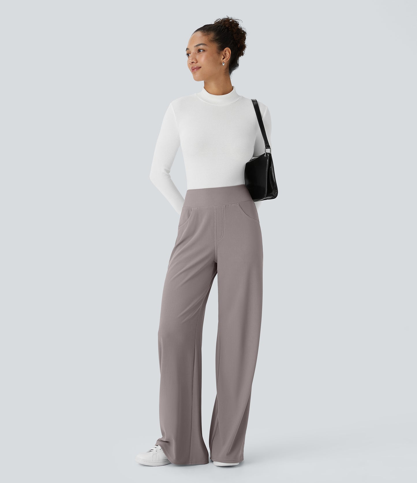 High Waisted Tummy Control Pockets Wide Leg Micro Waffle Work Pants