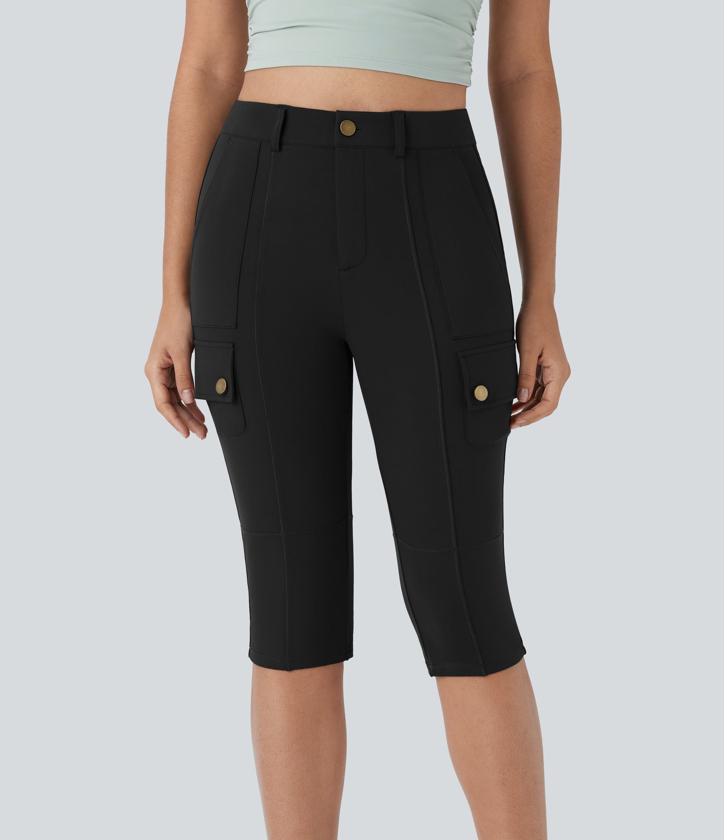 High Waisted Zipper Pockets Solid Skinny Pedal Pusher Casual Cargo Pants