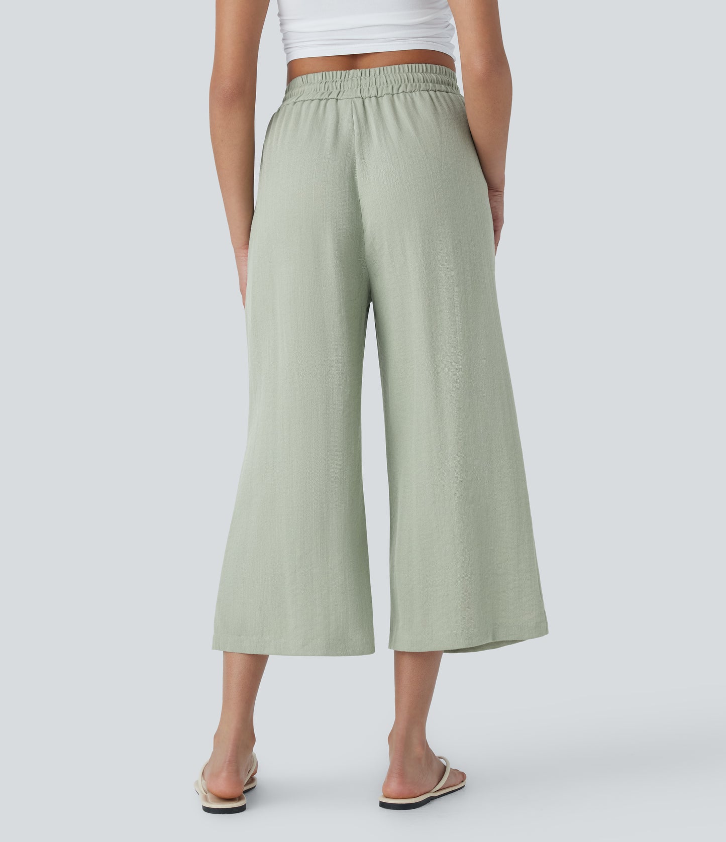 High Waisted Drawstring Wide Leg Cropped Casual Linen-Feel Pants with Pockets