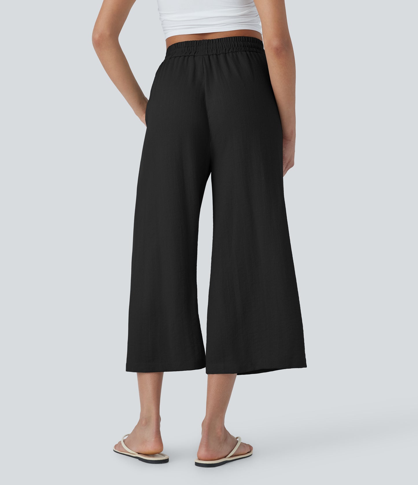 High Waisted Drawstring Wide Leg Cropped Casual Linen-Feel Pants with Pockets