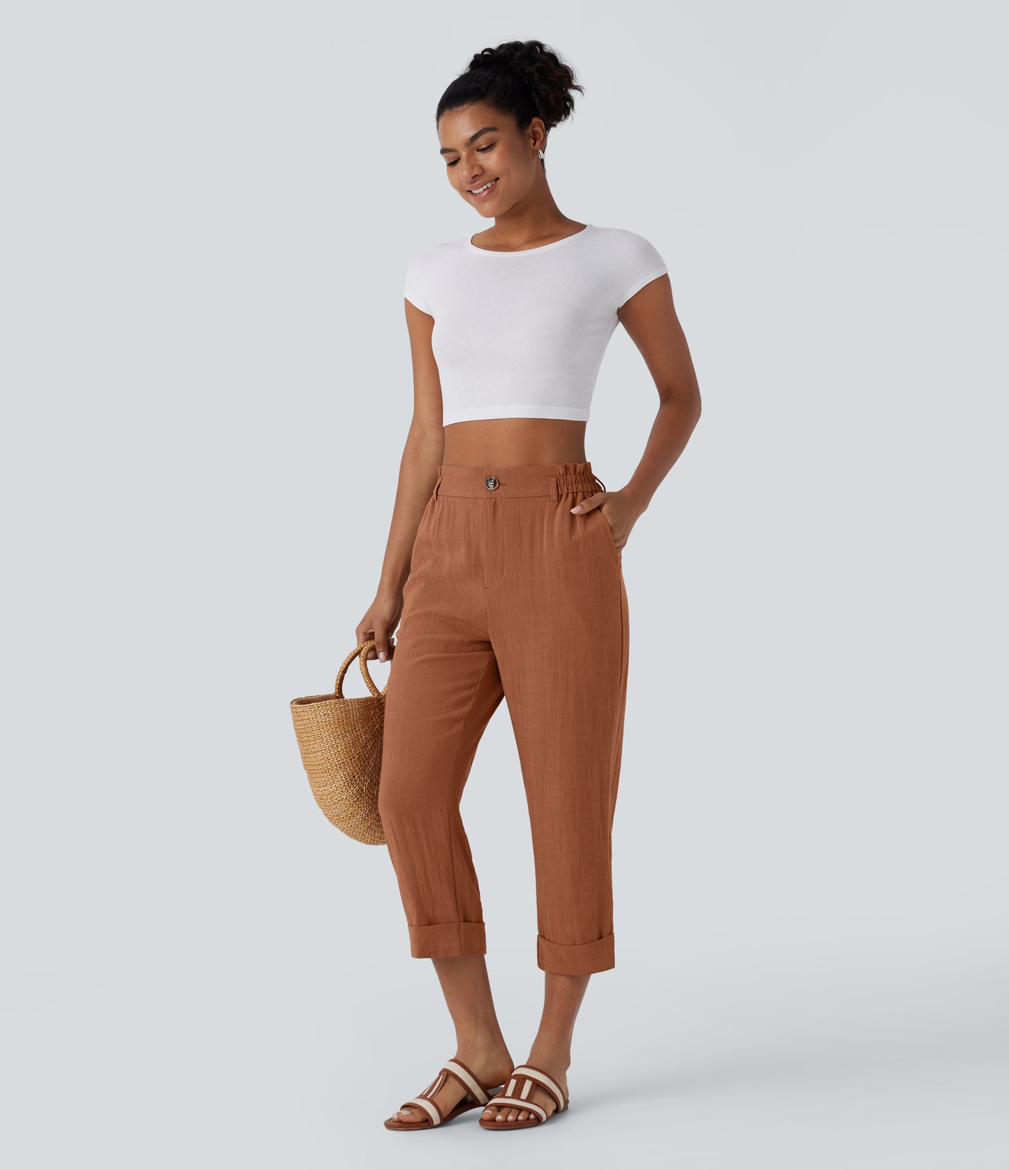 High Waisted Zipper Pocket Capri Linen-Feel Pants