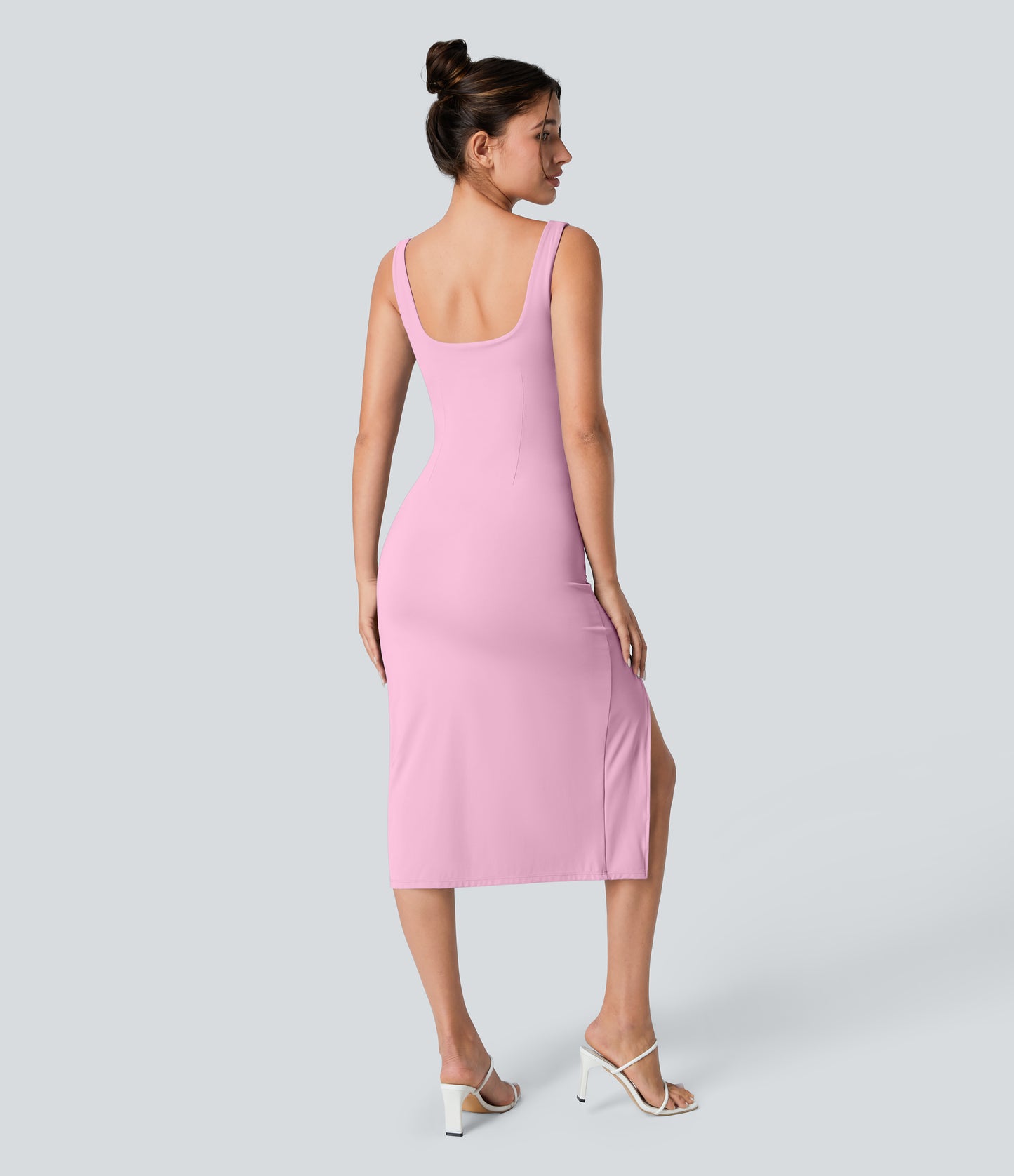 Square Neck Backless Corset Ruched Split Bodycon Midi Cool Touch Bridesmaid and Wedding Guest Dress