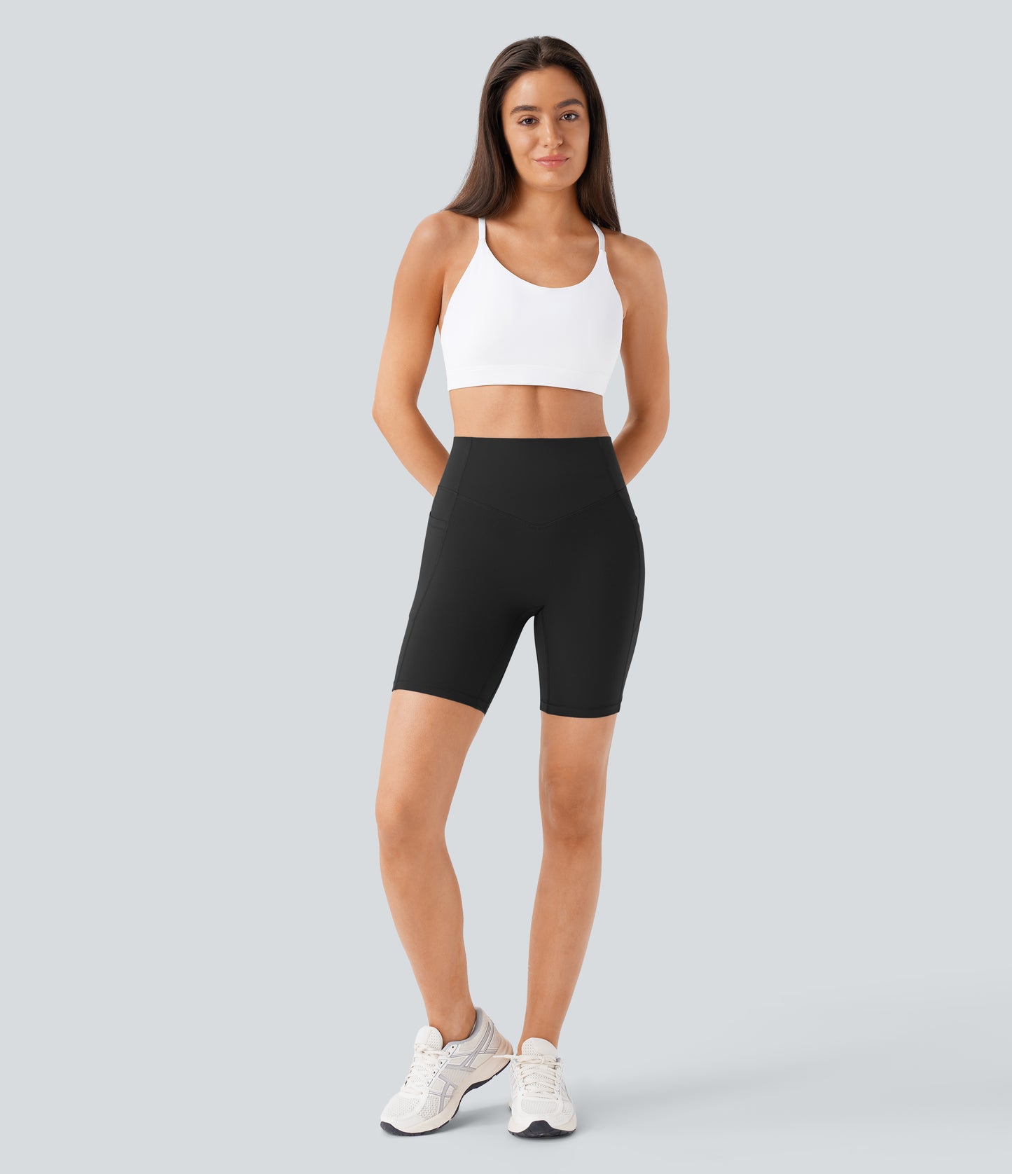 Høy midje, skrumpet rumpeløftende, magekontroll, formende treningsbiker-shorts med sidelommer, 18 cm