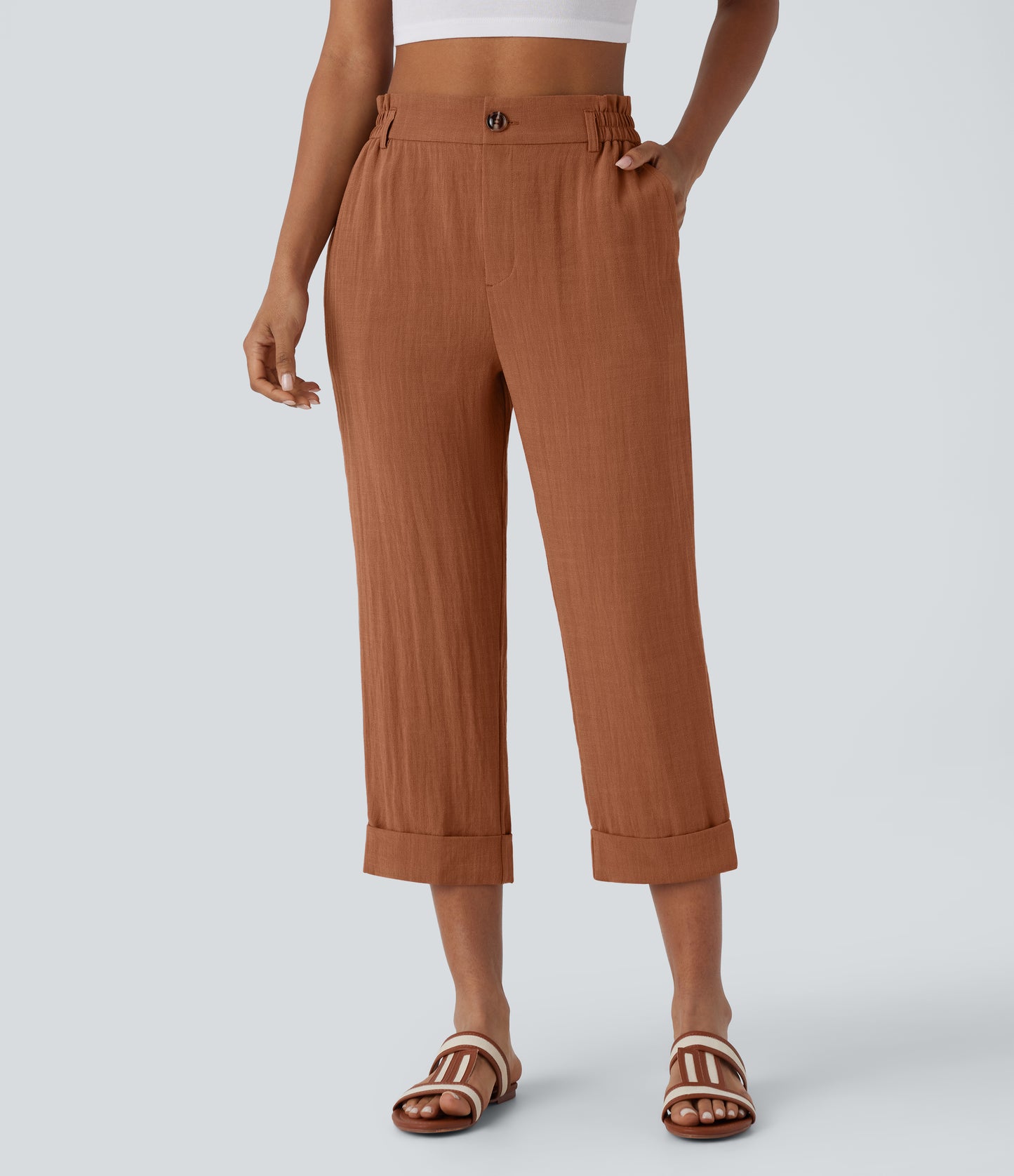 High Waisted Zipper Pocket Capri Linen-Feel Pants