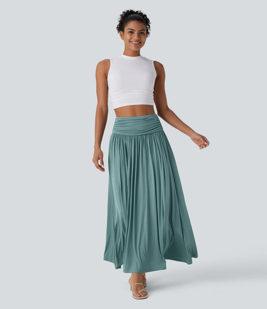 High Waisted Ruched Flowy Maxi Casual Skirt