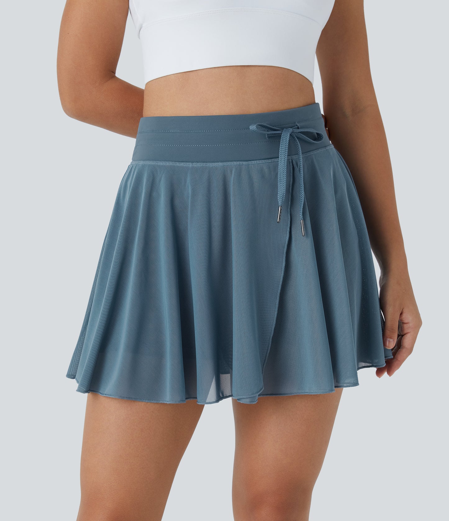 High Waisted Drawstring Contrast Mesh 2-in-1 Pocket Flowy Mini Flare Casual Skirt
