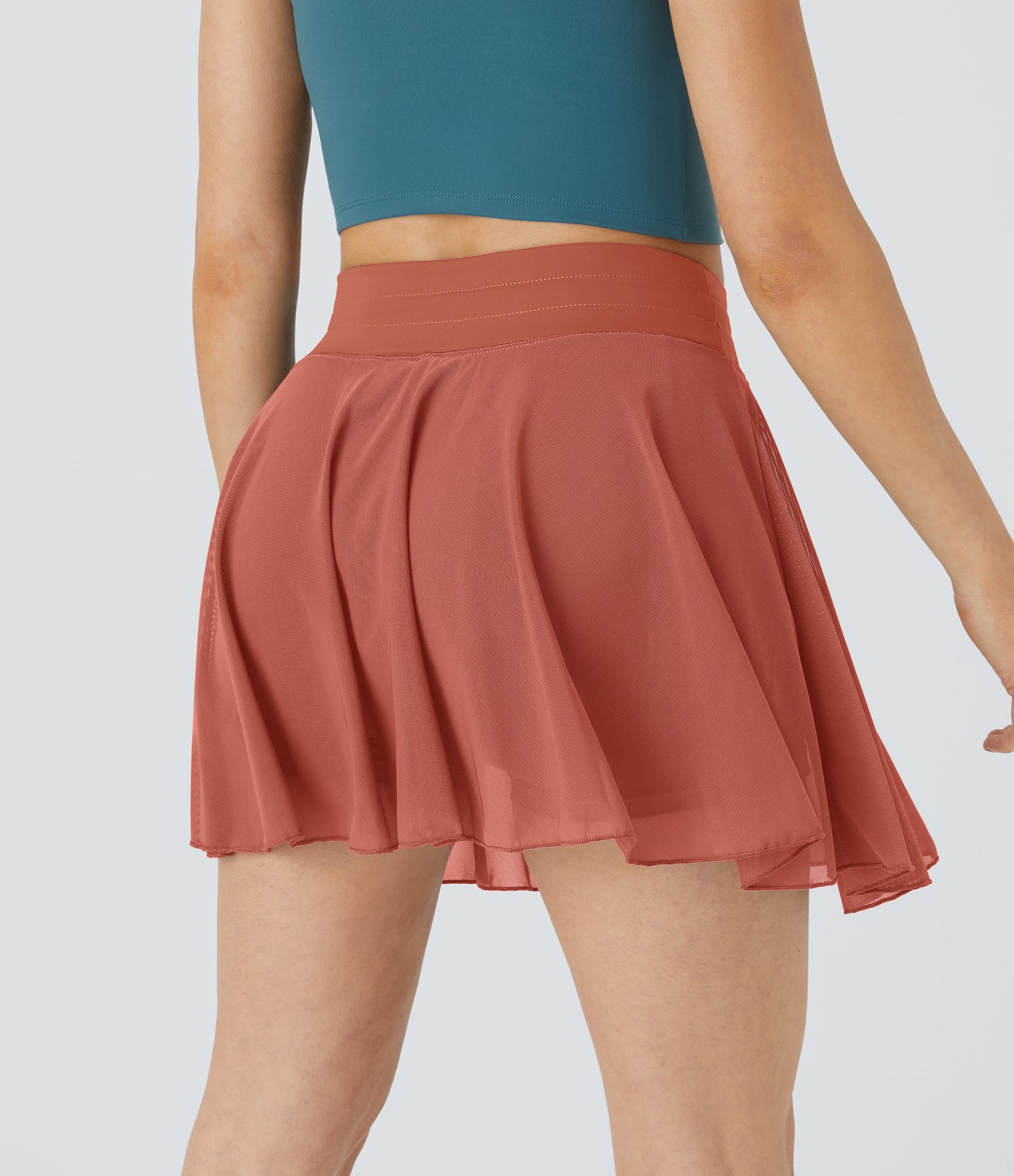 High Waisted Drawstring Contrast Mesh 2-in-1 Pocket Flowy Mini Flare Casual Skirt