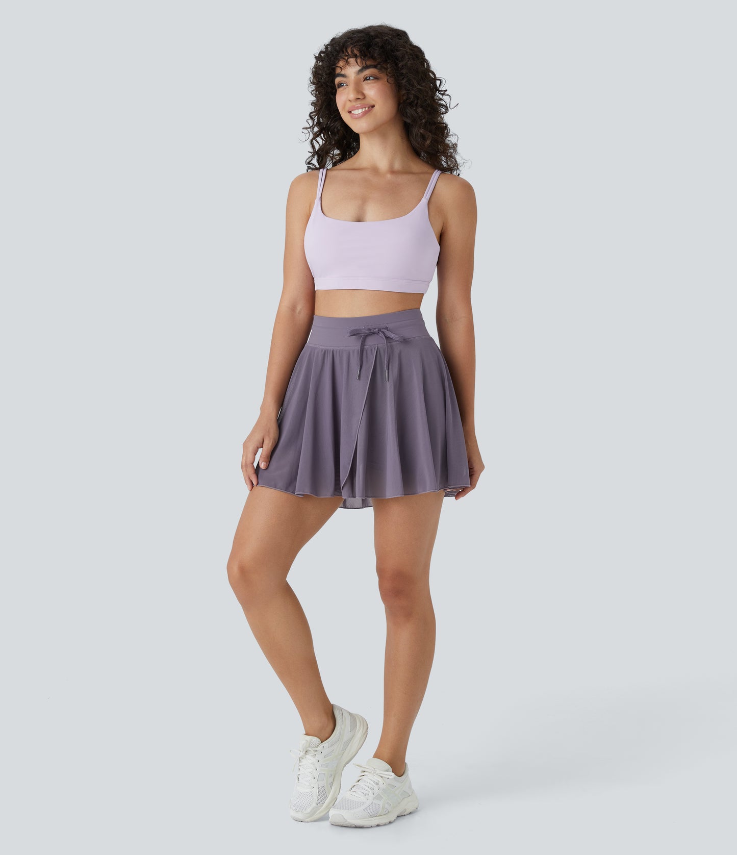 High Waisted Drawstring Contrast Mesh 2-in-1 Pocket Flowy Mini Flare Casual Skirt