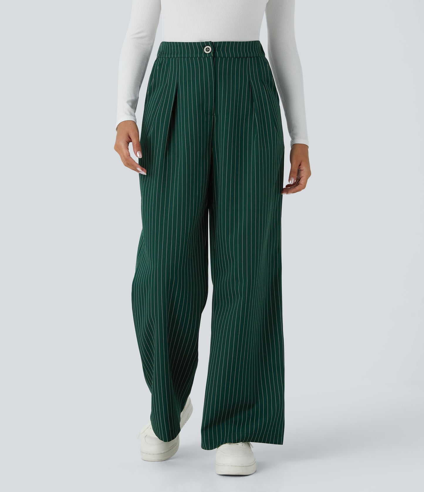 High Waisted Zipper Pocket Wide Leg Striped Work Pants