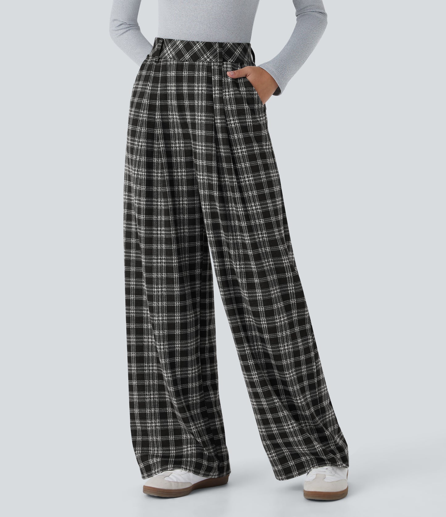 High Waisted Pocket Wide Leg Houndstooth Plaid Casual Pants