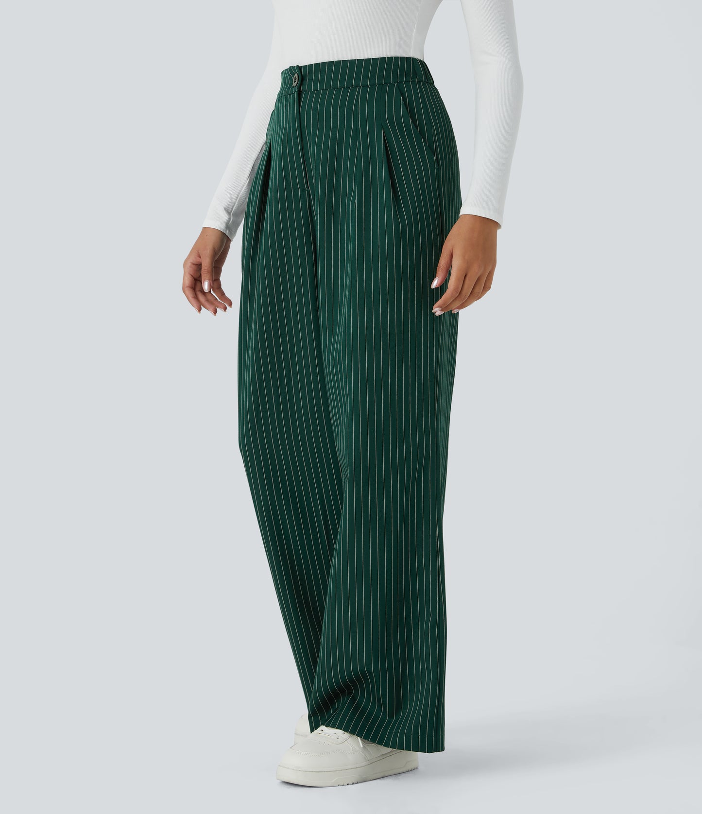 High Waisted Zipper Pocket Wide Leg Striped Work Pants