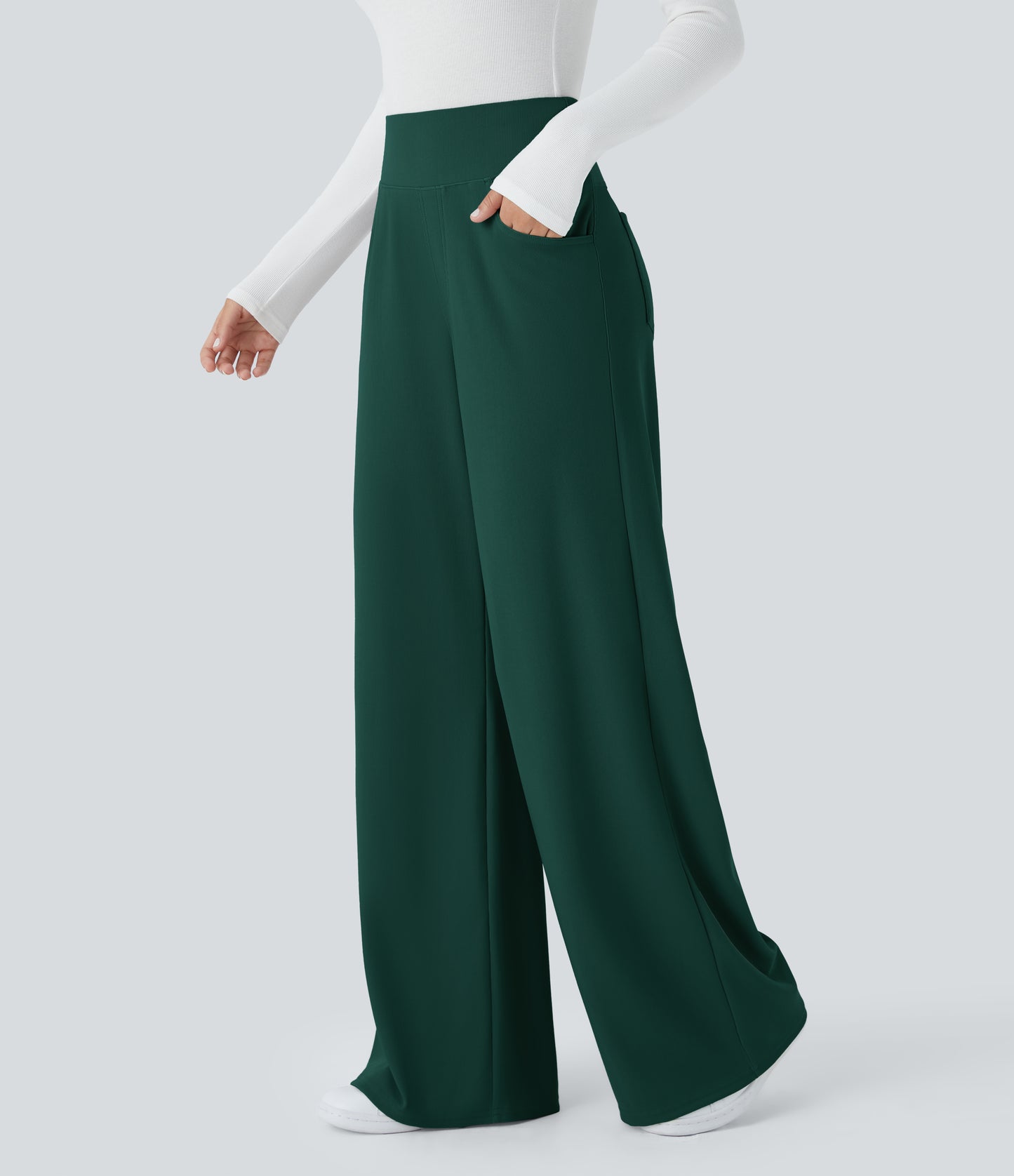 High Waisted Tummy Control Pockets Wide Leg Micro Waffle Work Pants