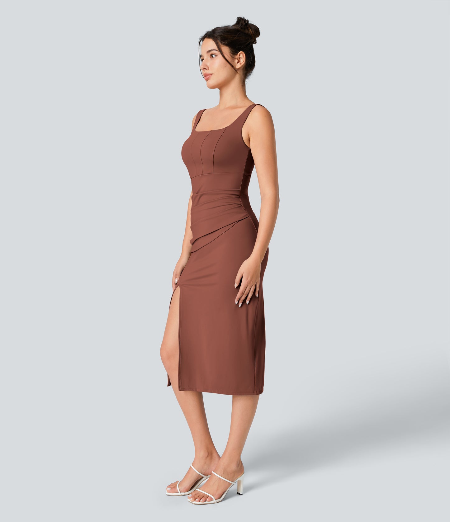 Square Neck Backless Corset Ruched Split Bodycon Midi Cool Touch Bridesmaid and Wedding Guest Dress