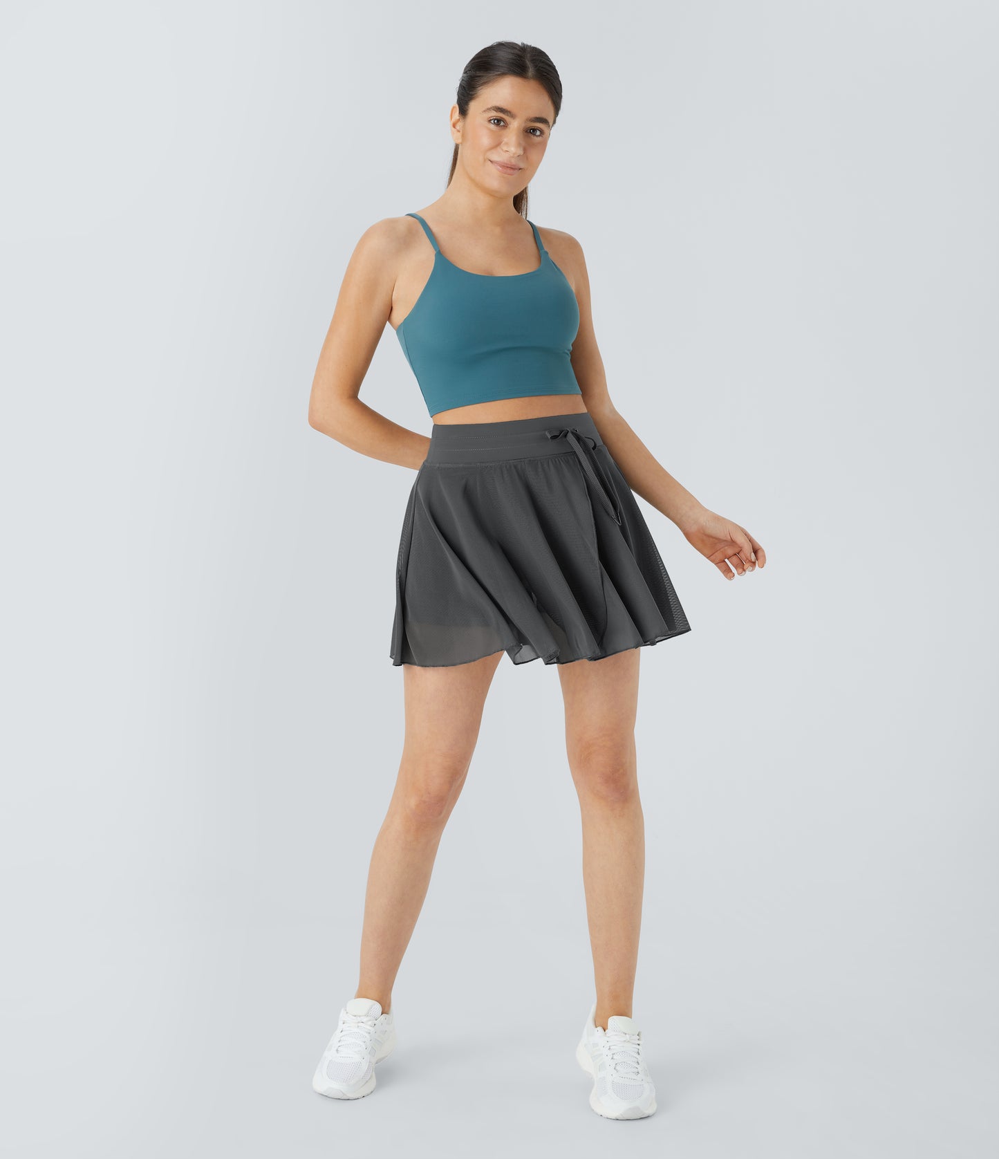 High Waisted Drawstring Contrast Mesh 2-in-1 Pocket Flowy Mini Flare Casual Skirt