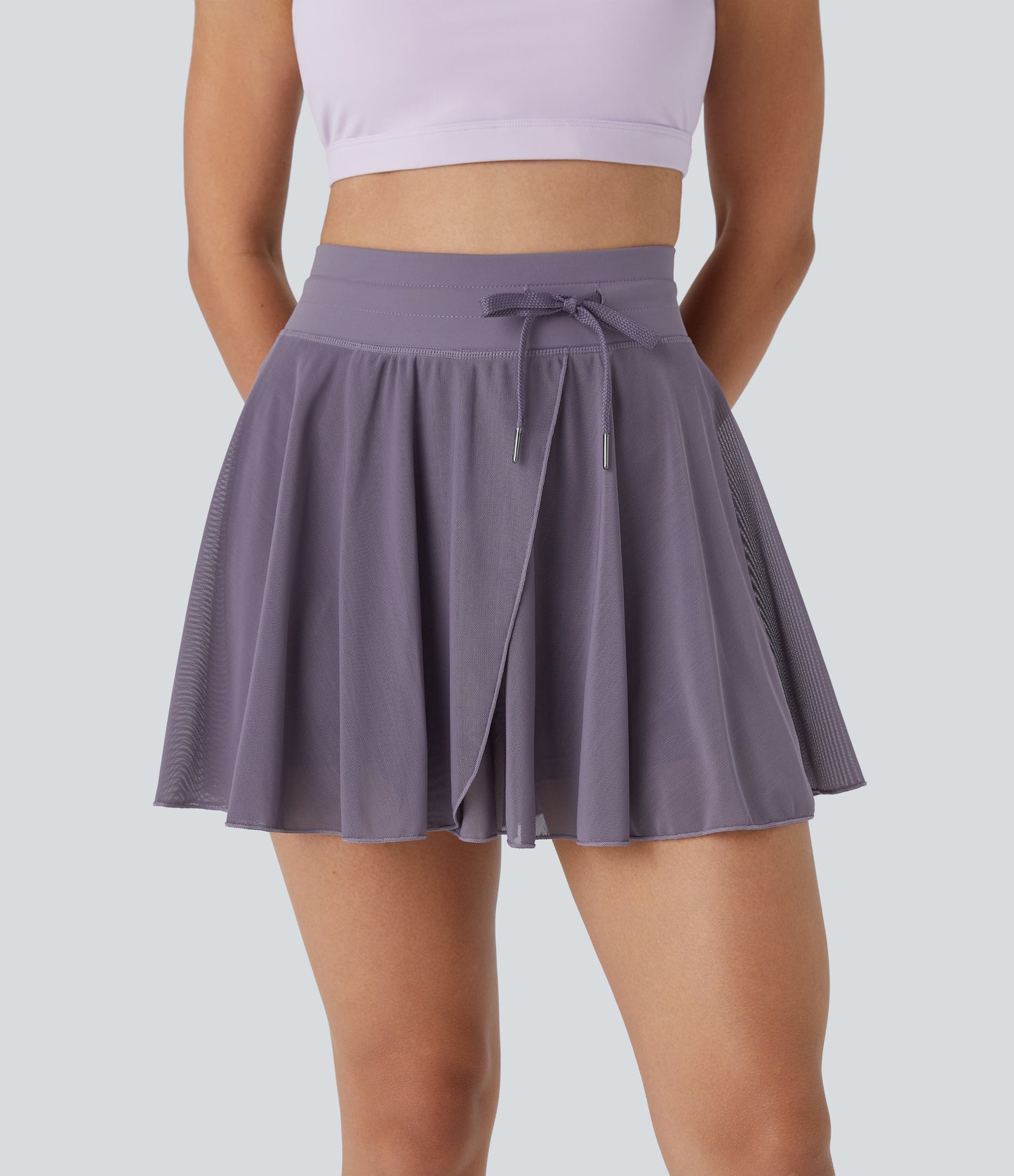 High Waisted Drawstring Contrast Mesh 2-in-1 Pocket Flowy Mini Flare Casual Skirt