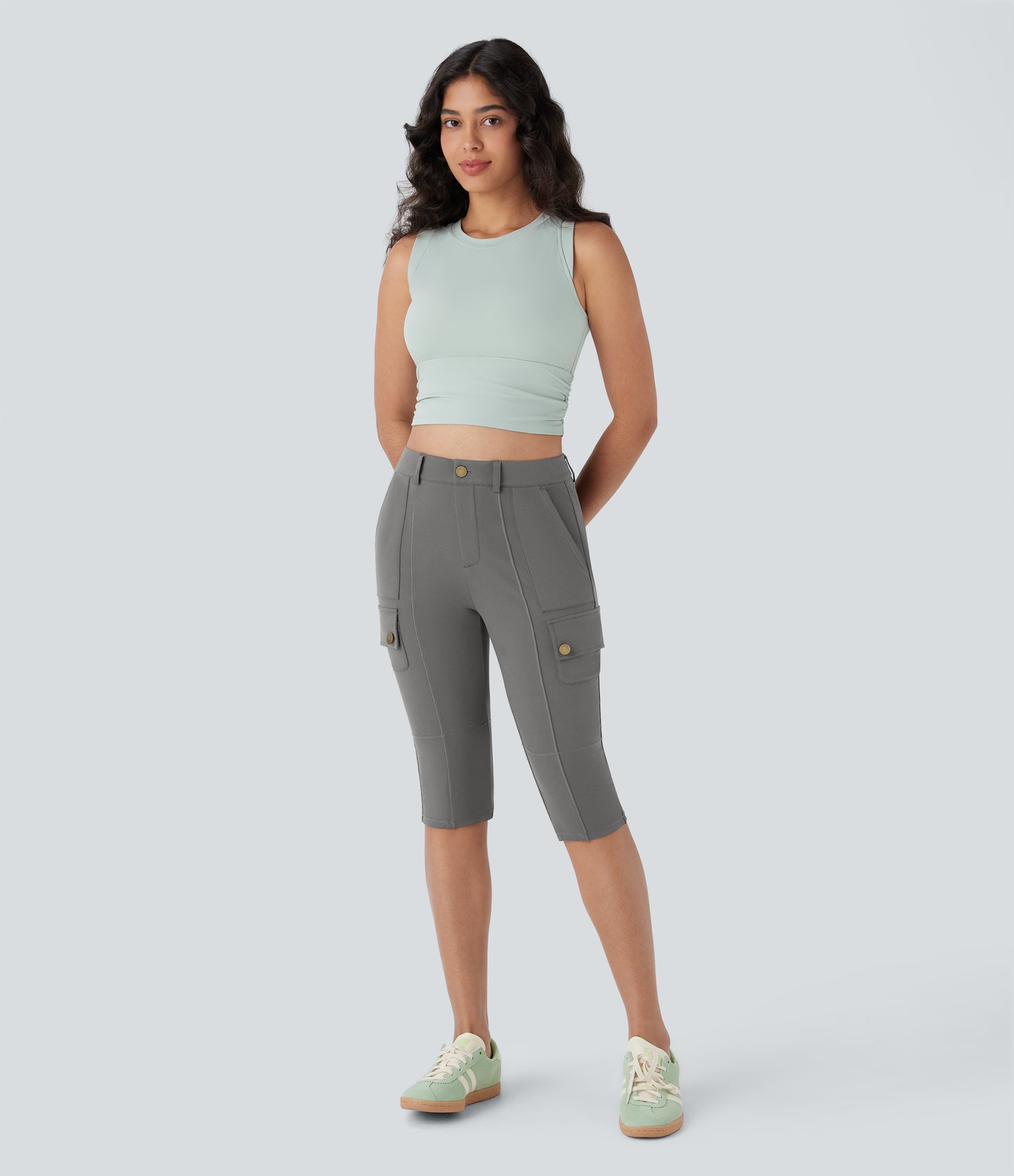 High Waisted Zipper Pockets Solid Skinny Pedal Pusher Casual Cargo Pants