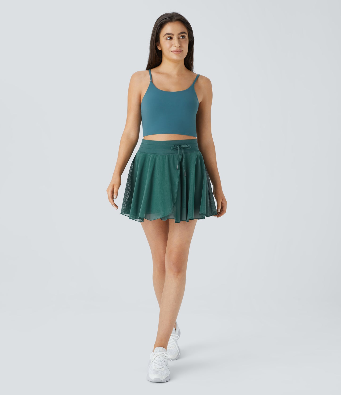 High Waisted Drawstring Contrast Mesh 2-in-1 Pocket Flowy Mini Flare Casual Skirt
