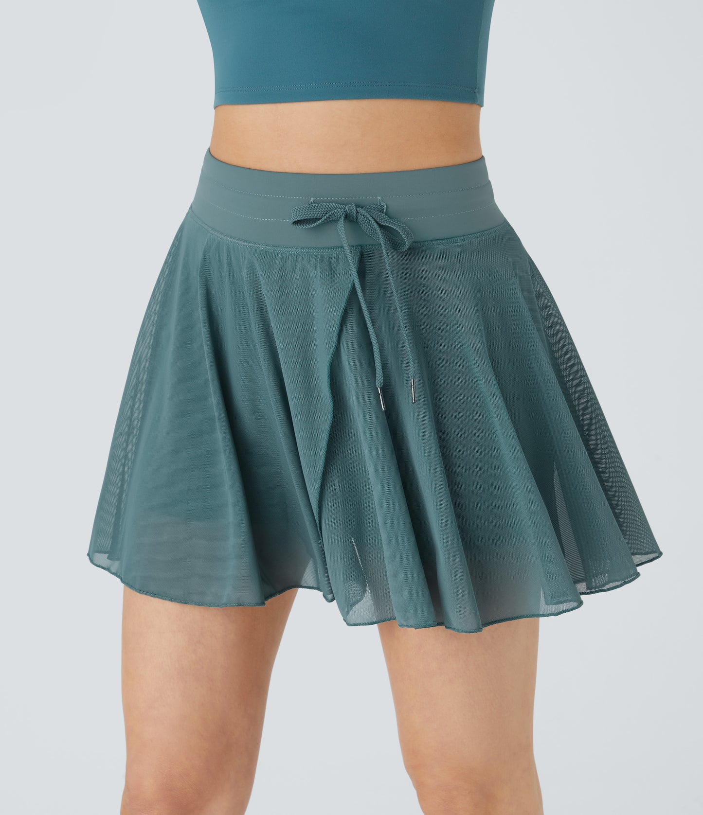 High Waisted Drawstring Contrast Mesh 2-in-1 Pocket Flowy Mini Flare Casual Skirt