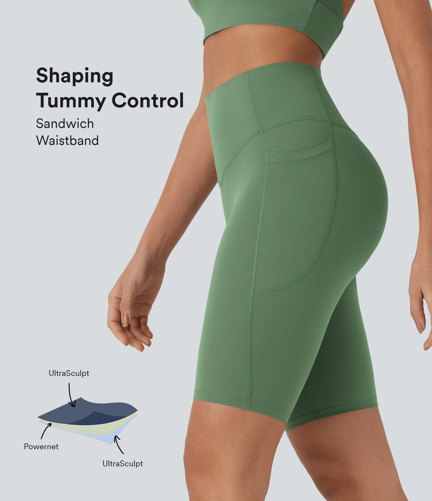 Short cycliste taille haute avec poches gainantes et effet gainant, 23 cm