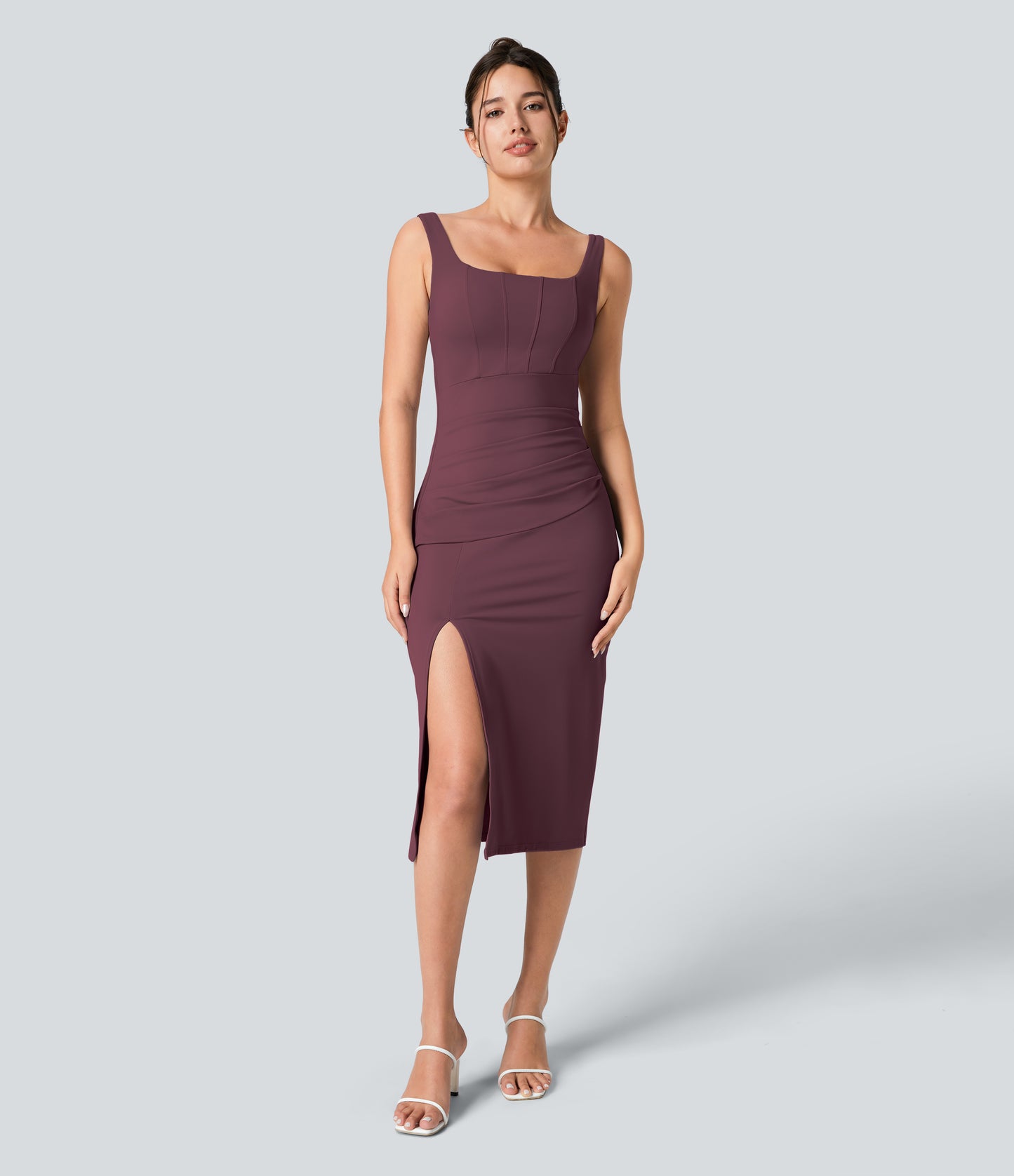 Square Neck Backless Corset Ruched Split Bodycon Midi Cool Touch Bridesmaid and Wedding Guest Dress