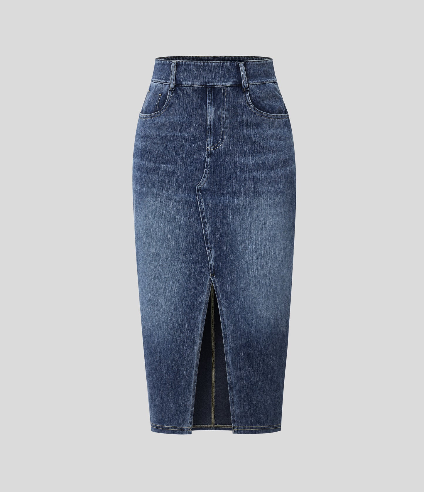 High Waisted Pockets Bodycon Washed Denim Casual Midi Skirt