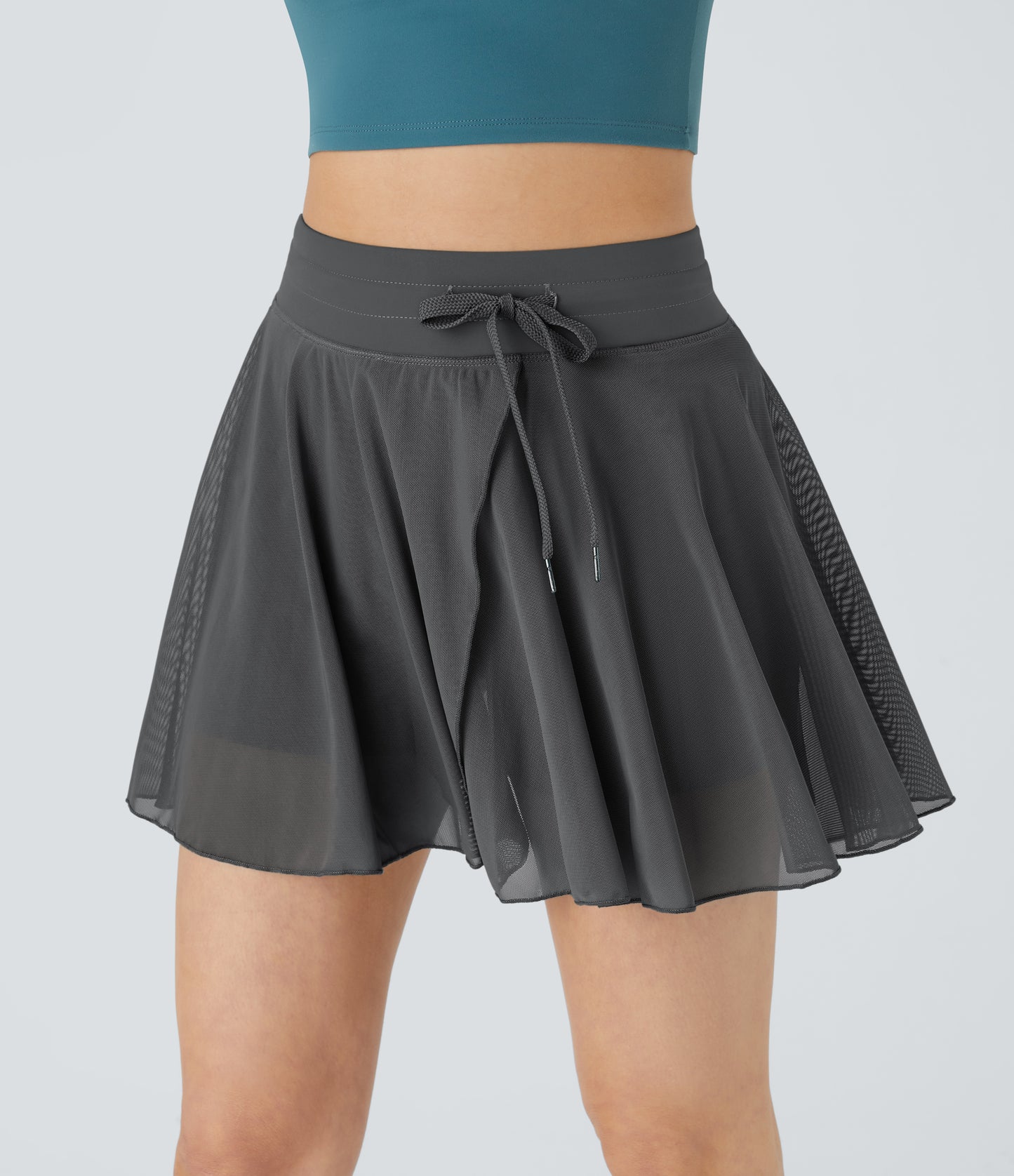 High Waisted Drawstring Contrast Mesh 2-in-1 Pocket Flowy Mini Flare Casual Skirt