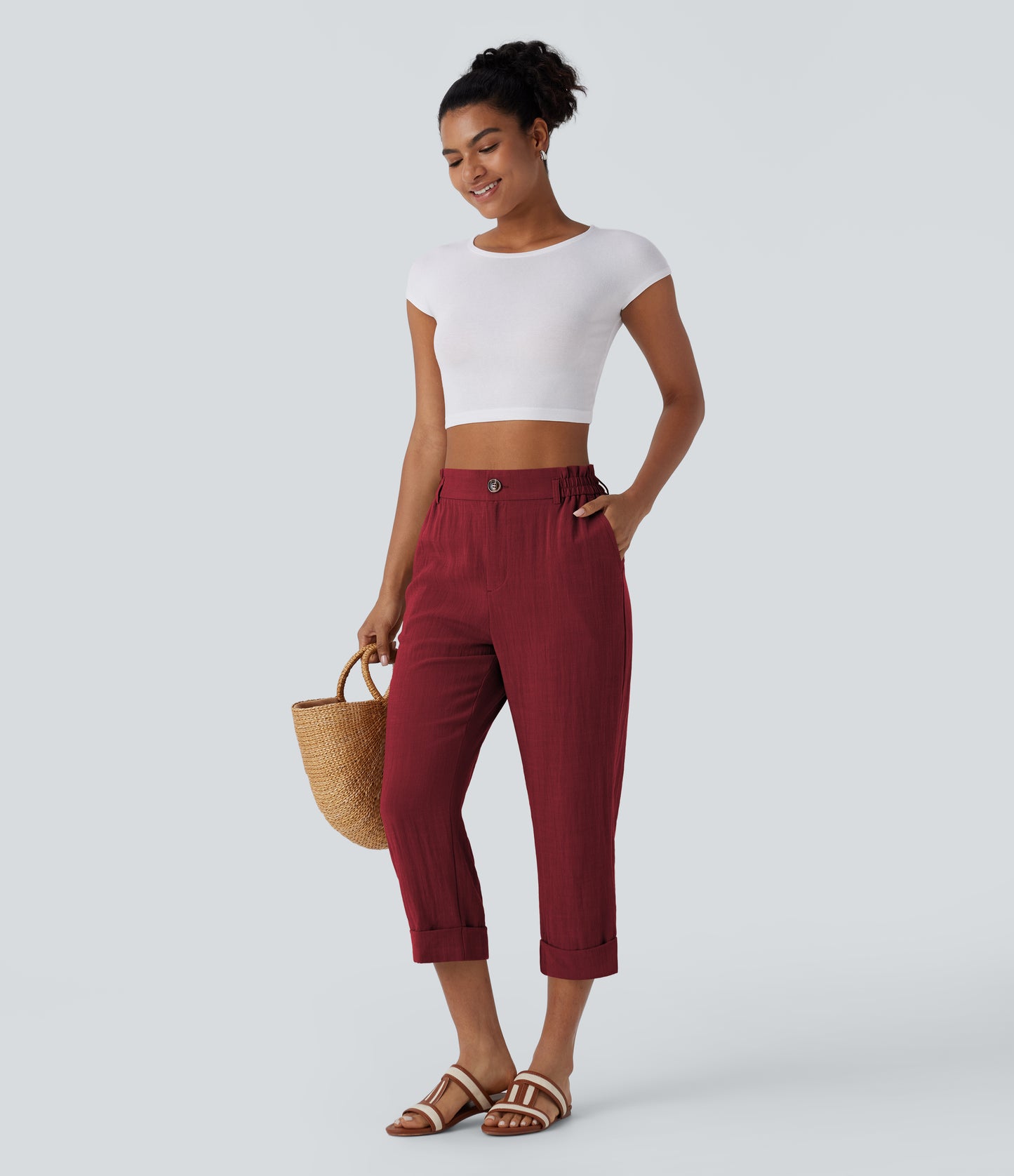 High Waisted Zipper Pocket Capri Linen-Feel Pants