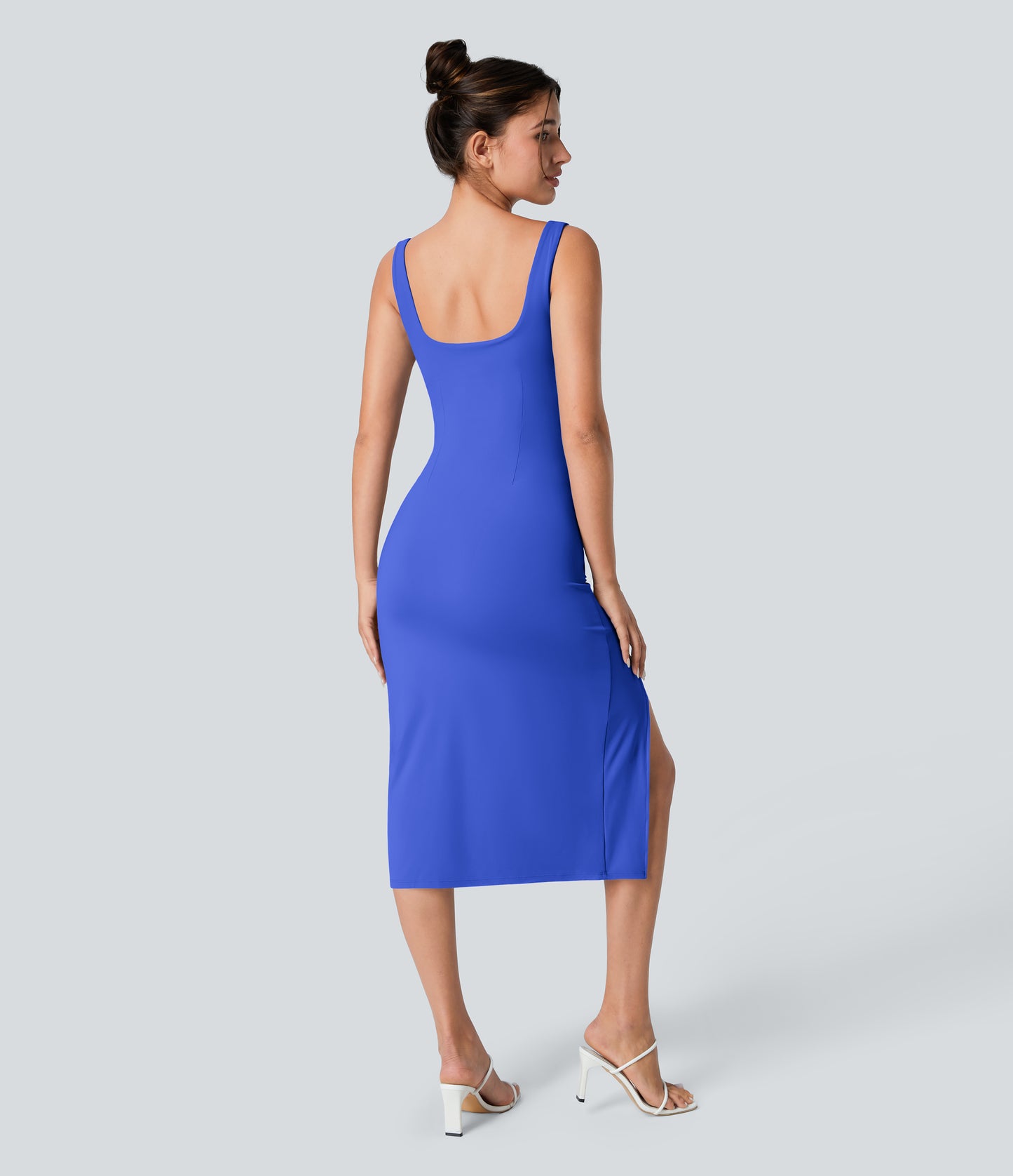Square Neck Backless Corset Ruched Split Bodycon Midi Cool Touch Bridesmaid and Wedding Guest Dress