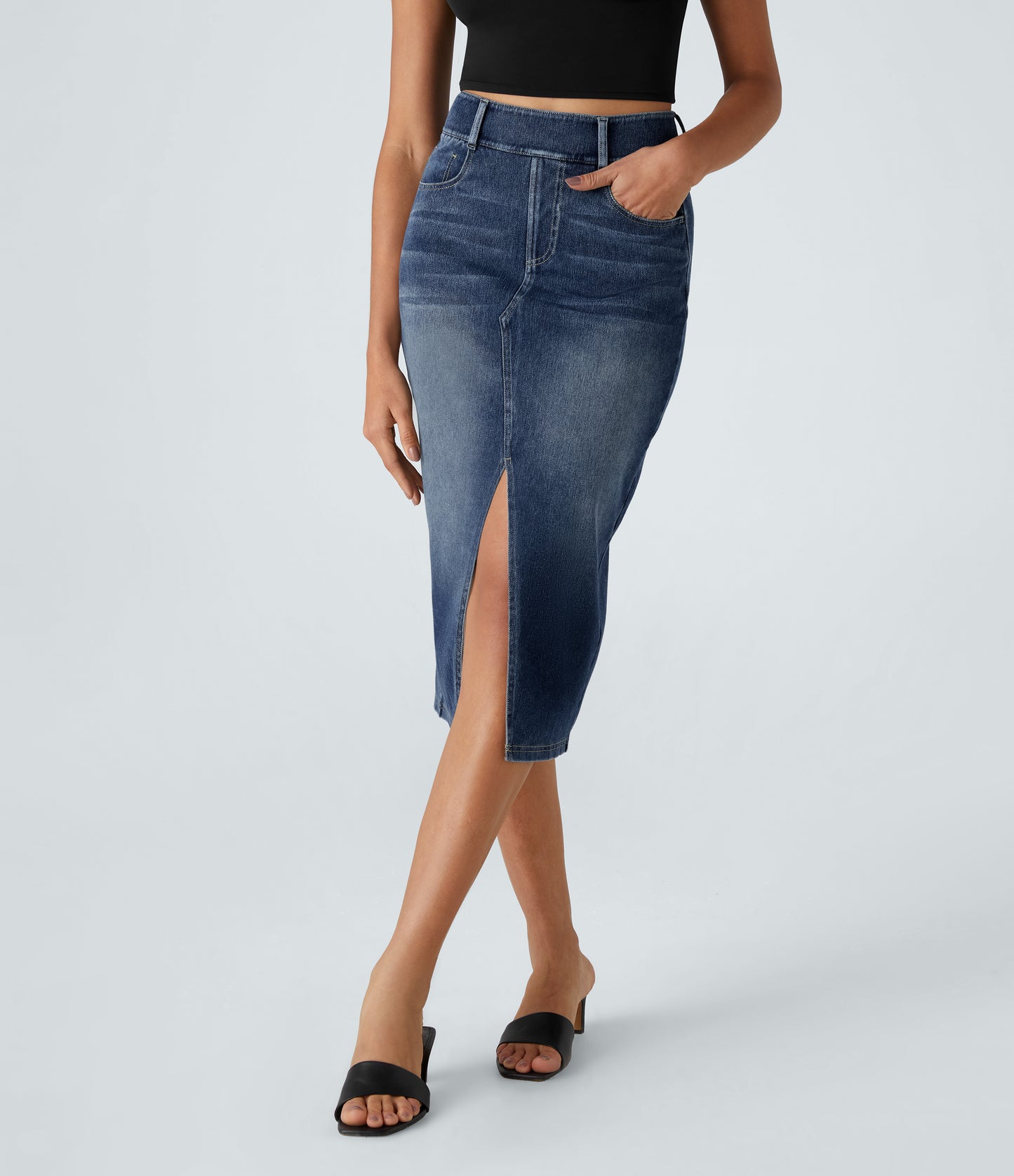 High Waisted Pockets Bodycon Washed Denim Casual Midi Skirt