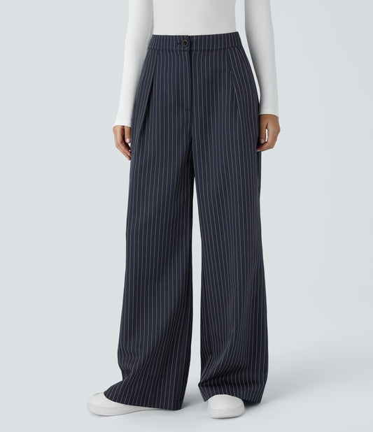 High Waisted Zipper Pocket Wide Leg Striped Work Pants