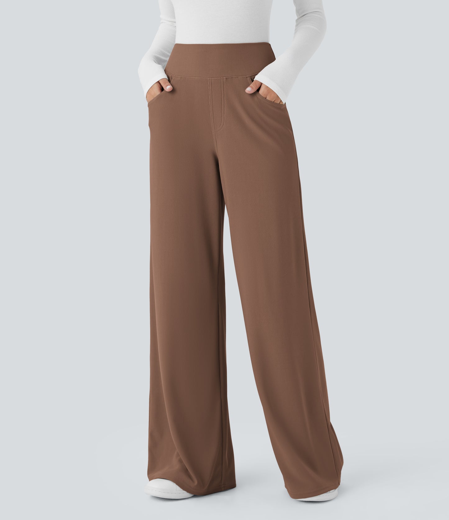 High Waisted Tummy Control Pockets Wide Leg Micro Waffle Work Pants