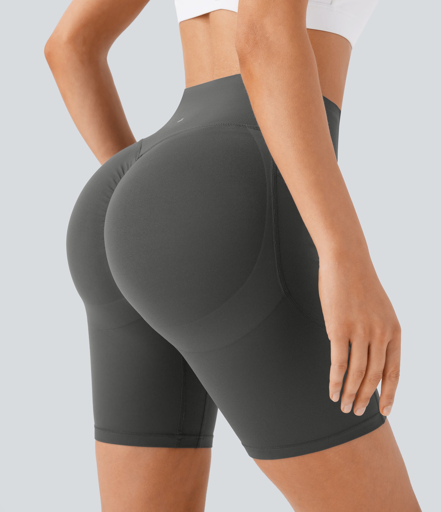 Høy midje, skrumpet rumpeløftende, magekontroll, formende treningsbiker-shorts med sidelommer, 18 cm