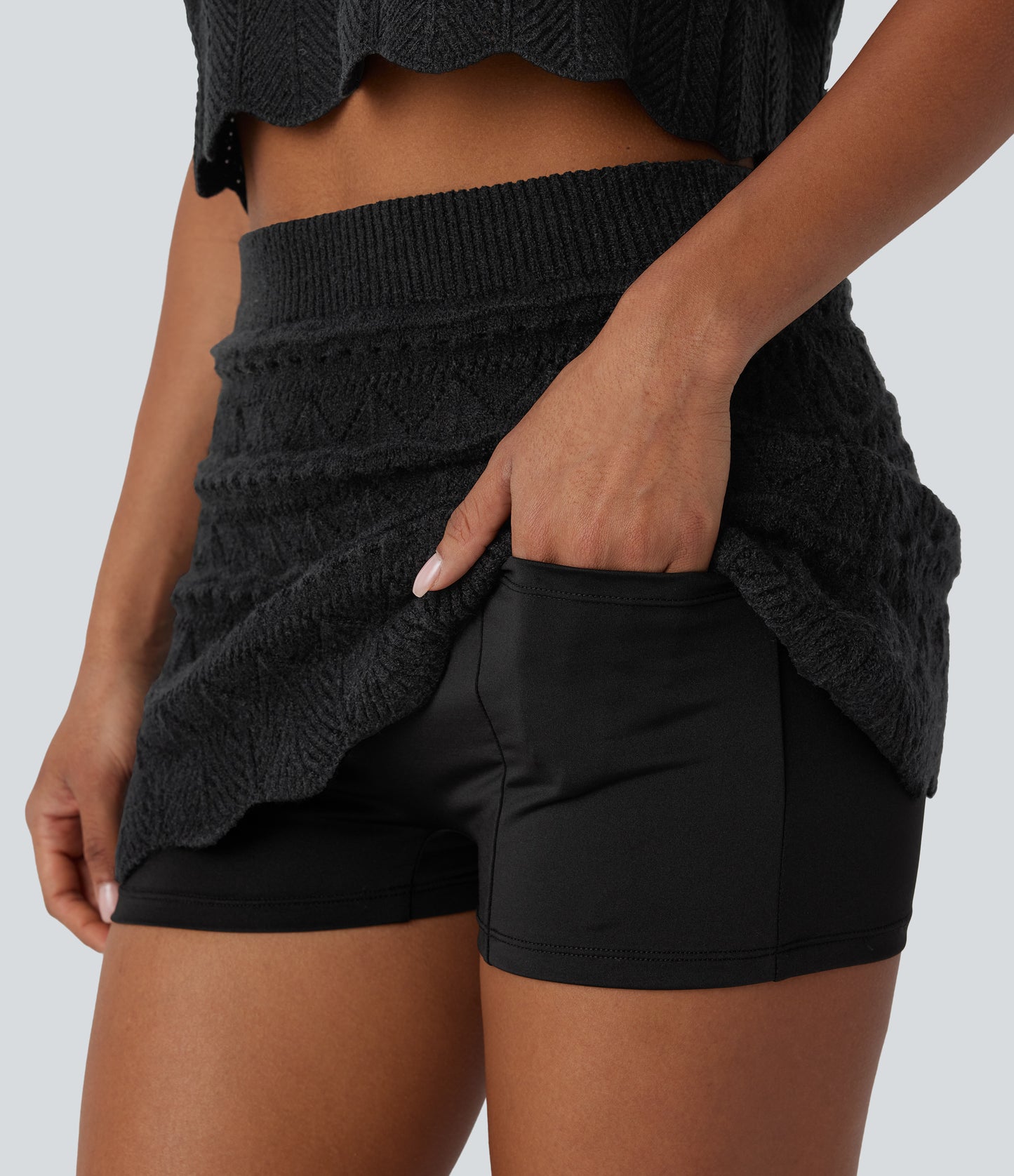 High Waisted 2-in-1 Pocket Open Knit Mini Casual Sweater Skirt