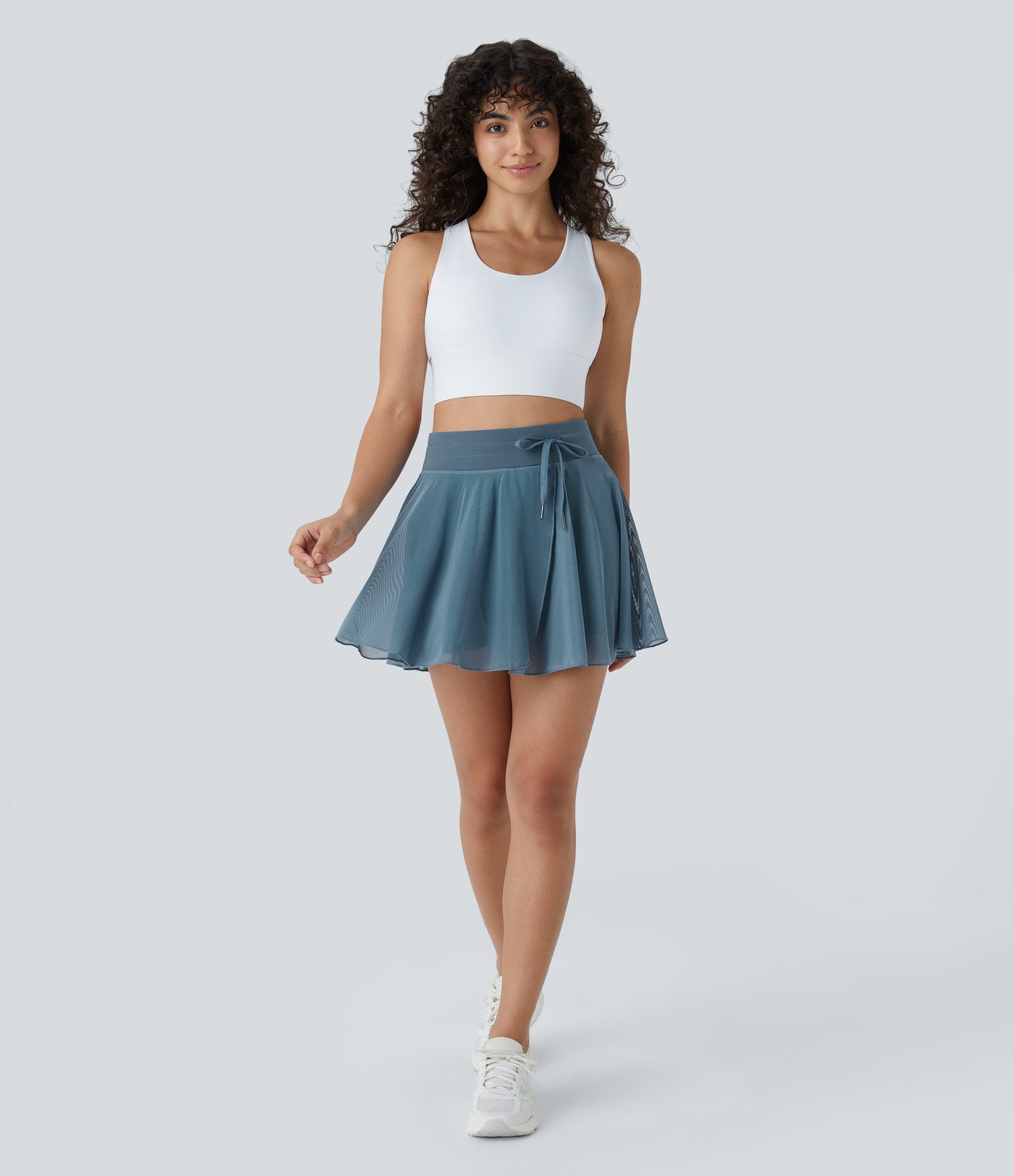 High Waisted Drawstring Contrast Mesh 2-in-1 Pocket Flowy Mini Flare Casual Skirt