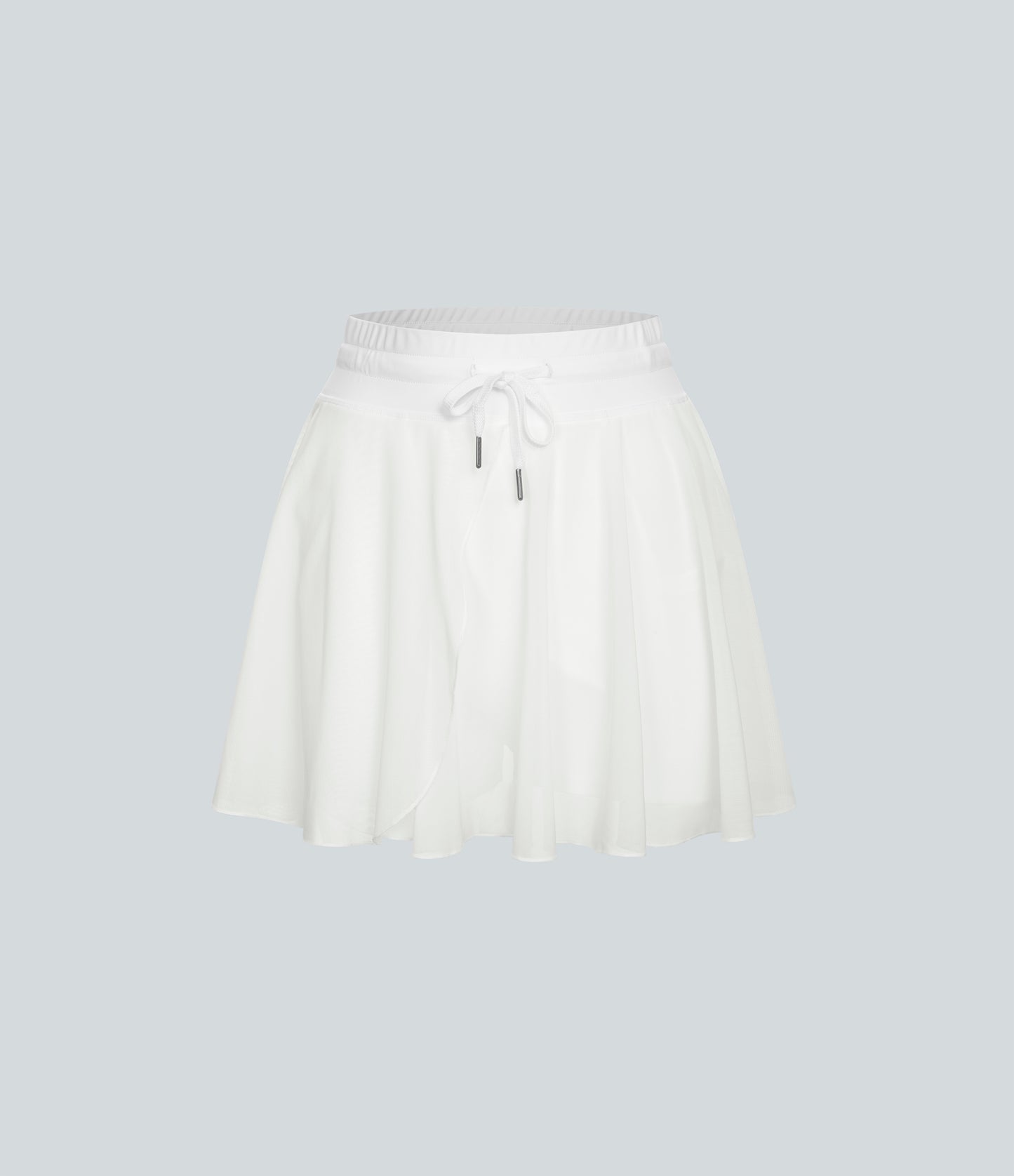 High Waisted Drawstring Contrast Mesh 2-in-1 Pocket Flowy Mini Flare Casual Skirt