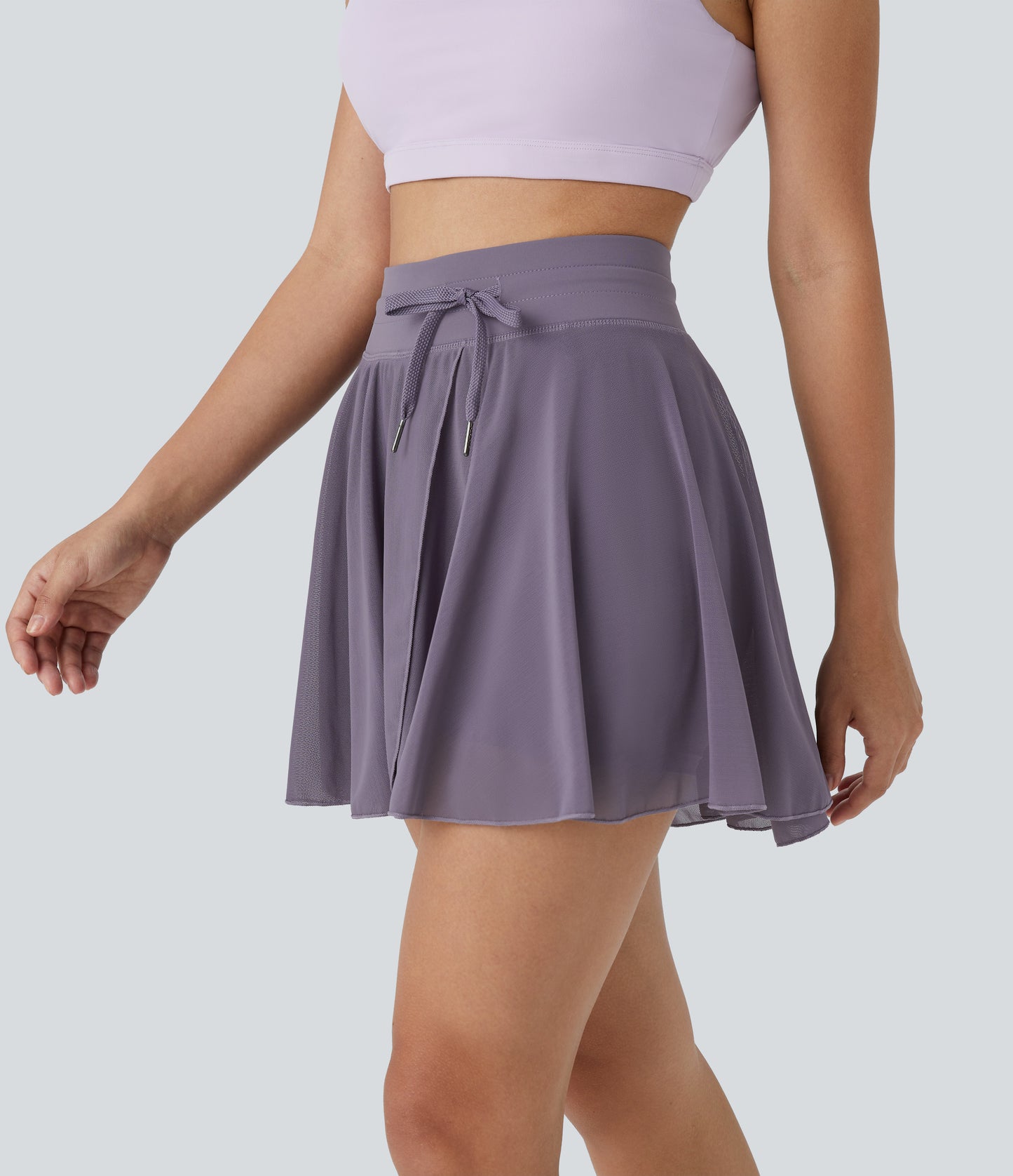 High Waisted Drawstring Contrast Mesh 2-in-1 Pocket Flowy Mini Flare Casual Skirt