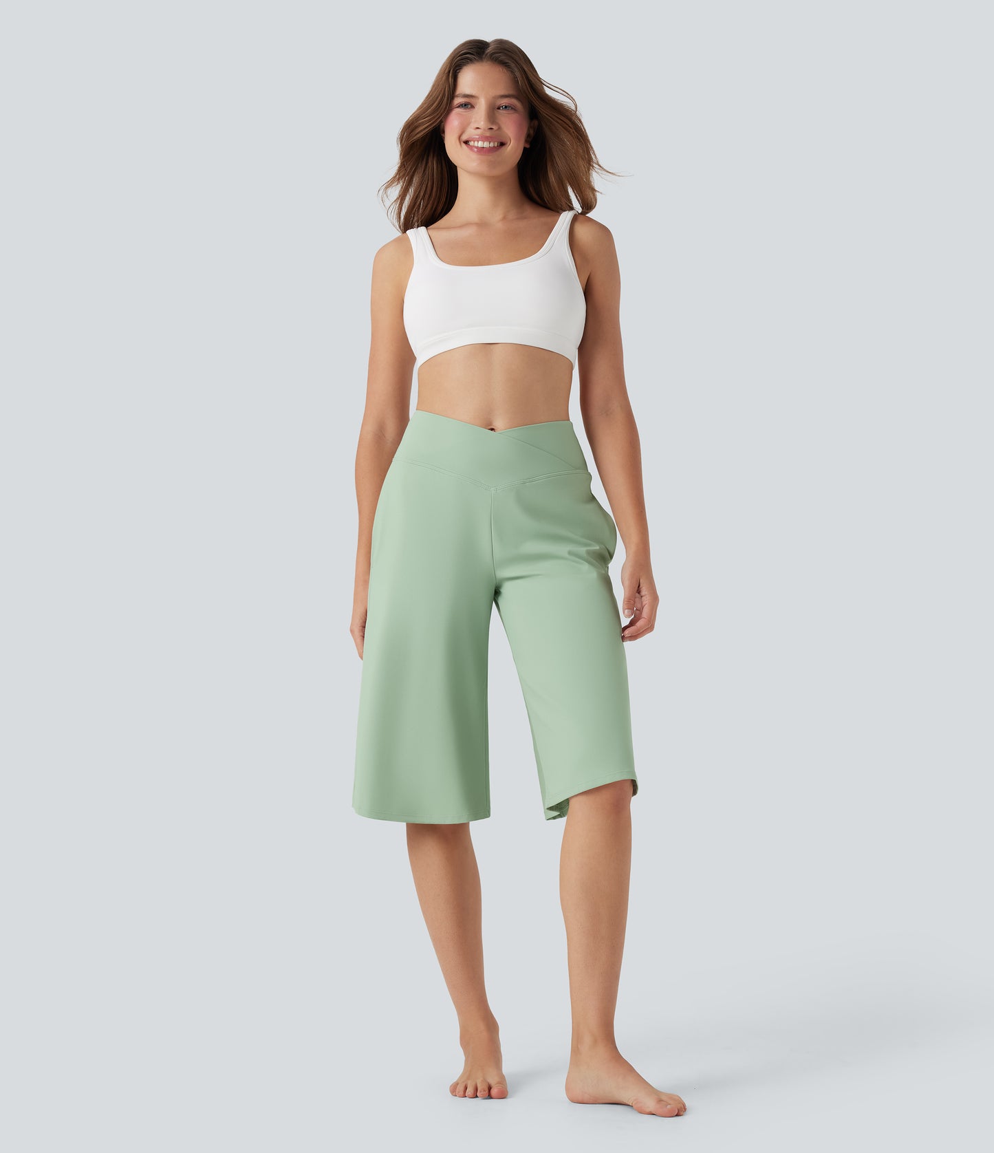 High Waisted Wide Leg Cool Touch Yoga Pedal Pusher Pants with Pockets