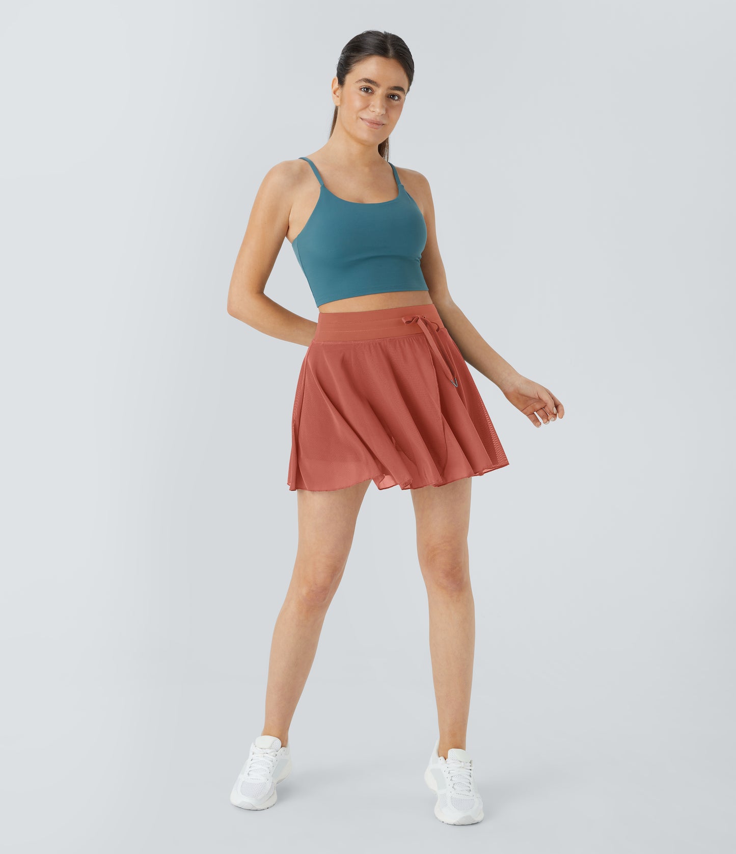 High Waisted Drawstring Contrast Mesh 2-in-1 Pocket Flowy Mini Flare Casual Skirt